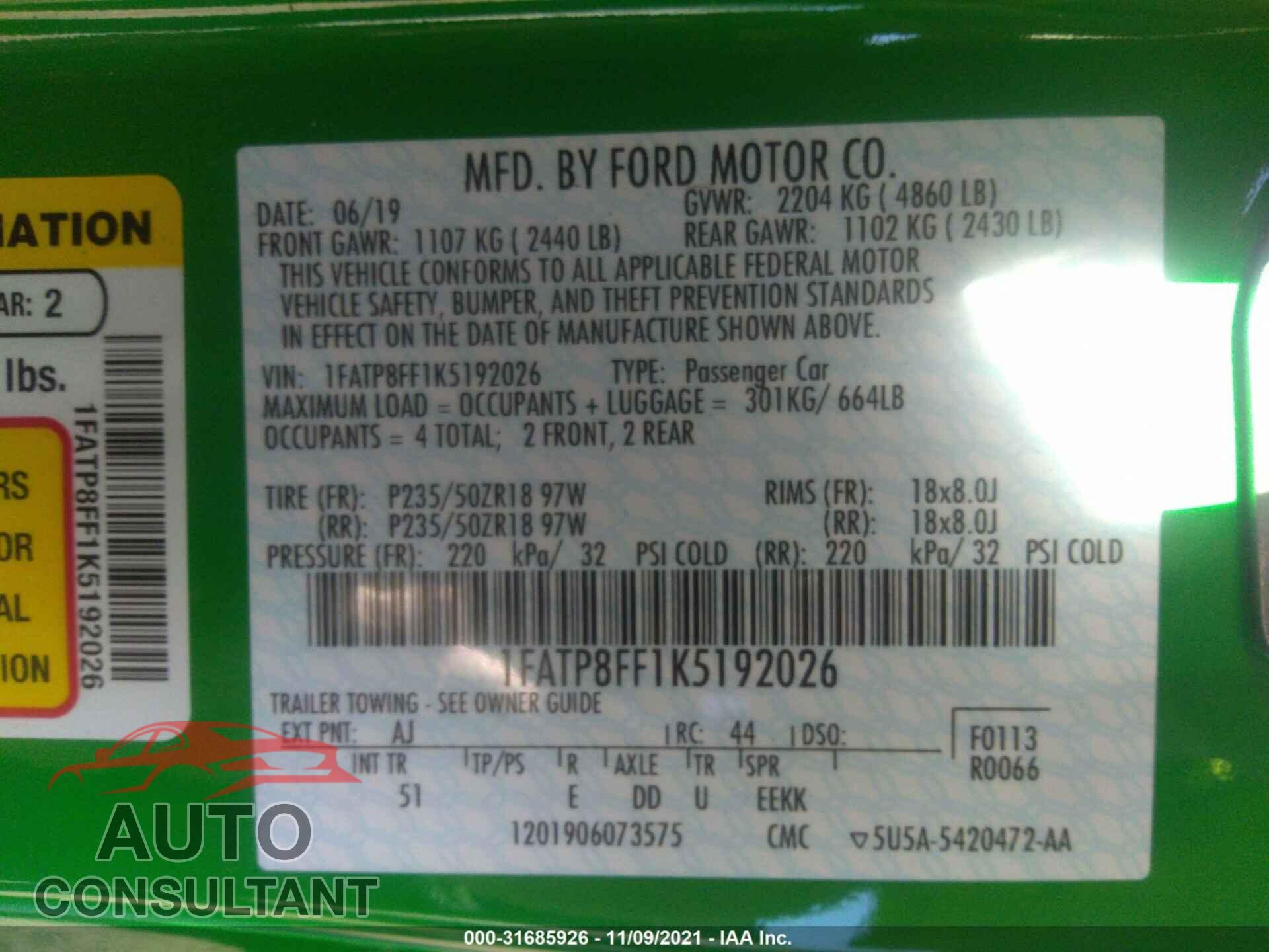 FORD MUSTANG 2019 - 1FATP8FF1K5192026