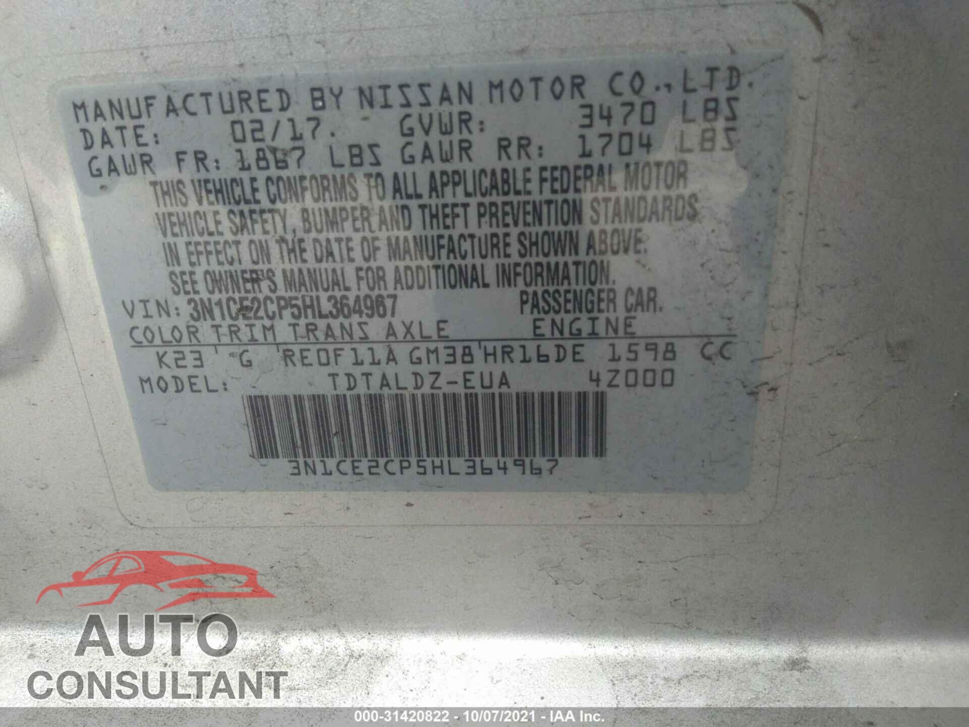 NISSAN VERSA NOTE 2017 - 3N1CE2CP5HL364967