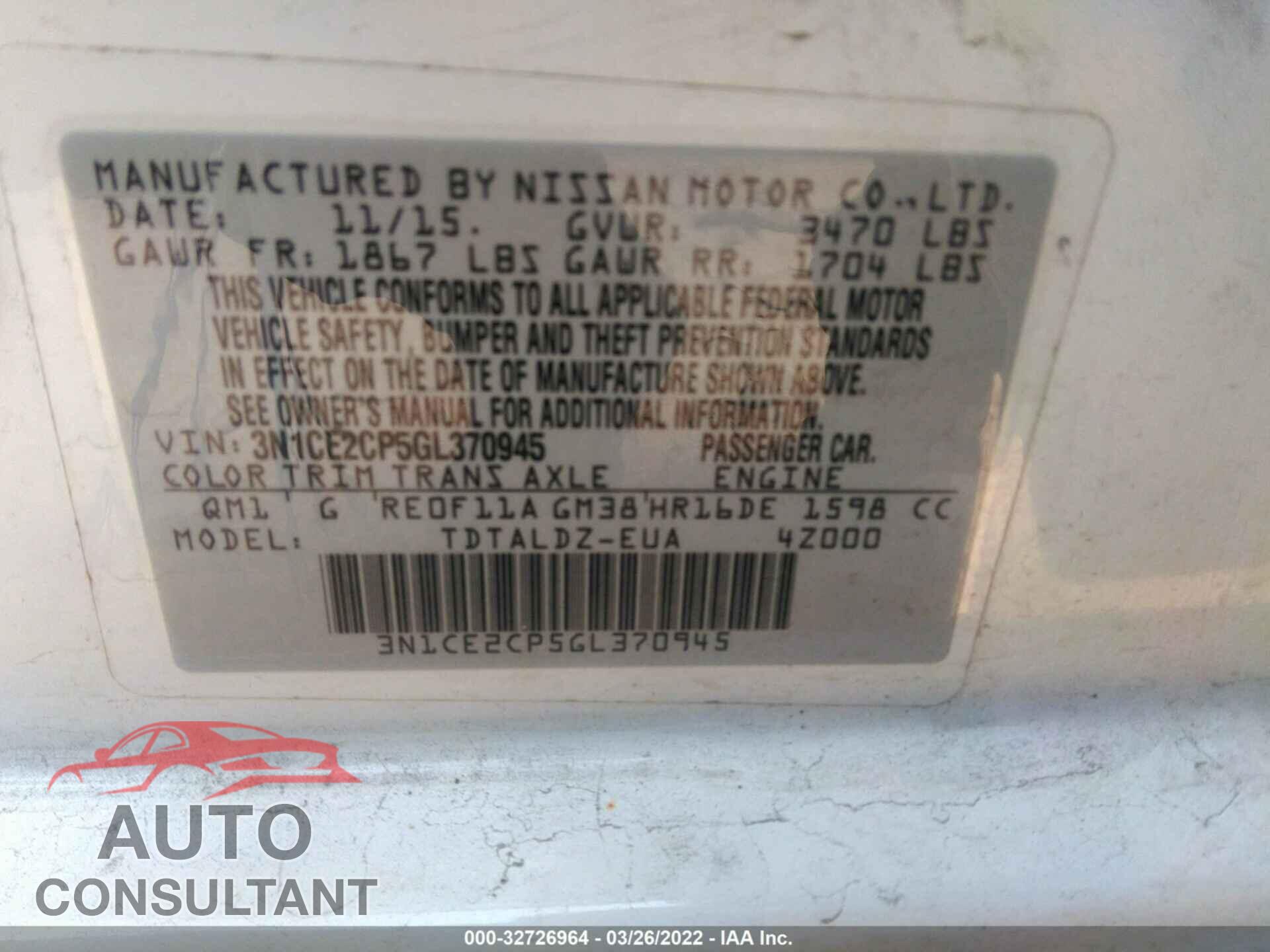 NISSAN VERSA NOTE 2016 - 3N1CE2CP5GL370945