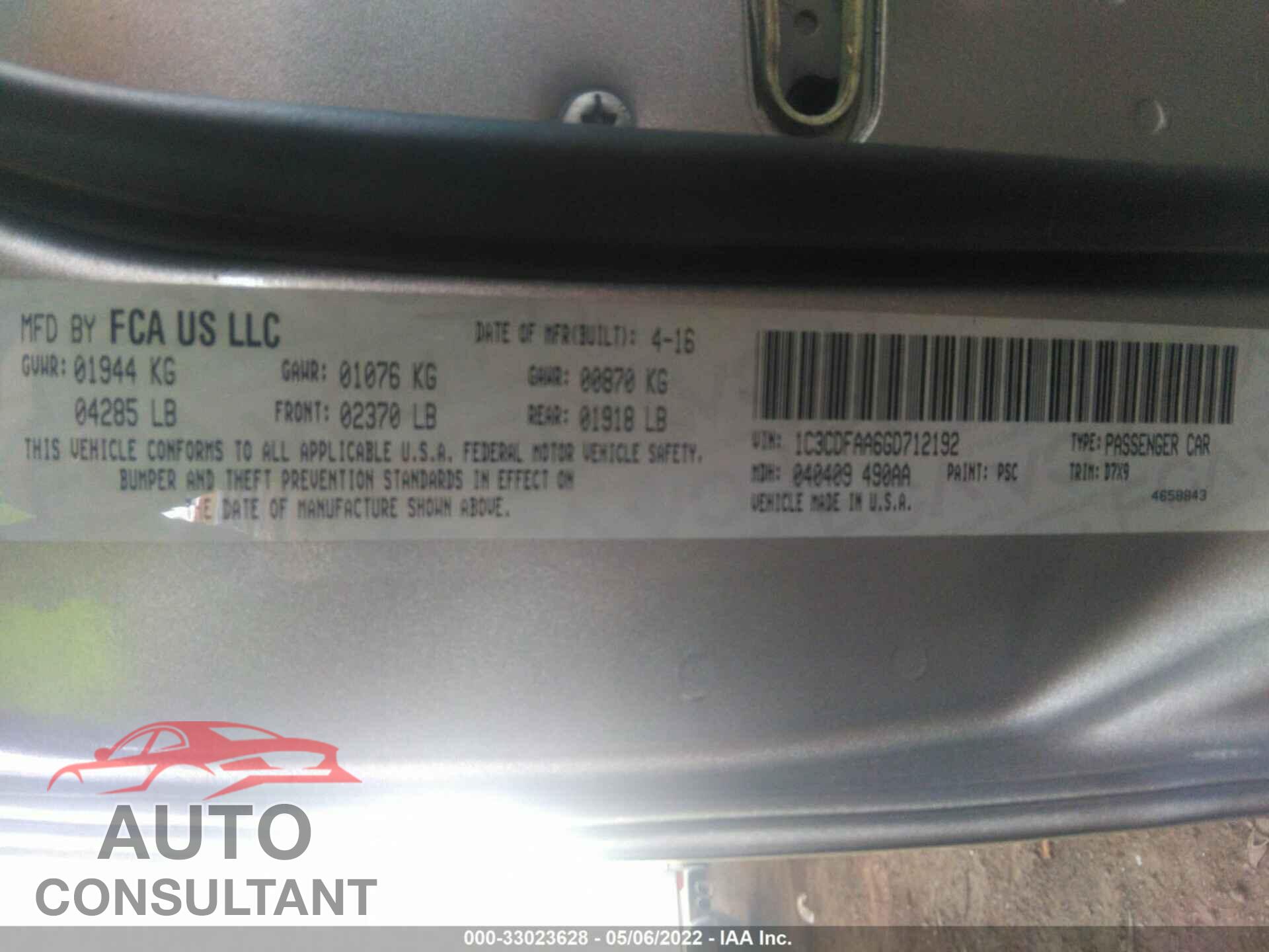 DODGE DART 2016 - 1C3CDFAA6GD712192