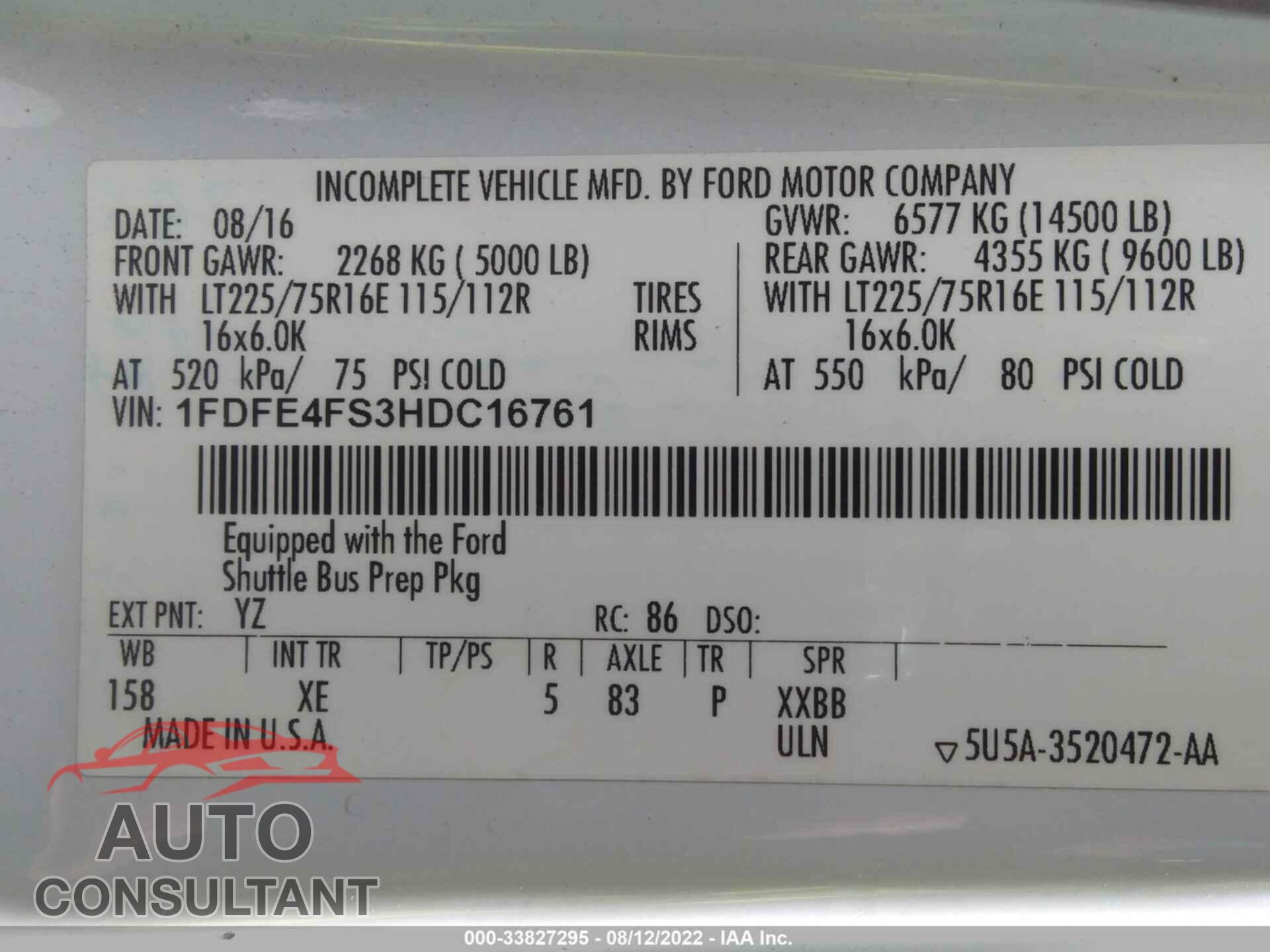 FORD E-SERIES CUTAWAY 2017 - 1FDFE4FS3HDC16761