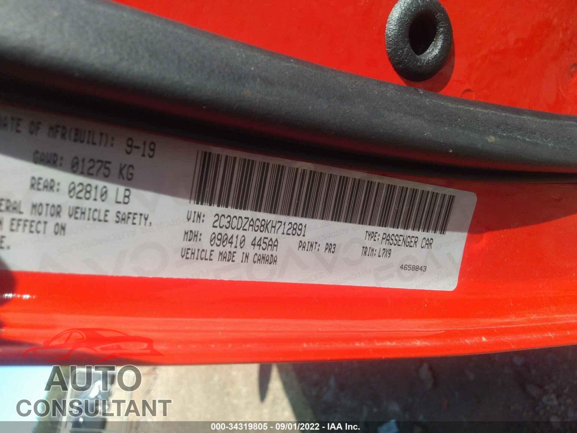 DODGE CHALLENGER 2019 - 2C3CDZAG8KH712891