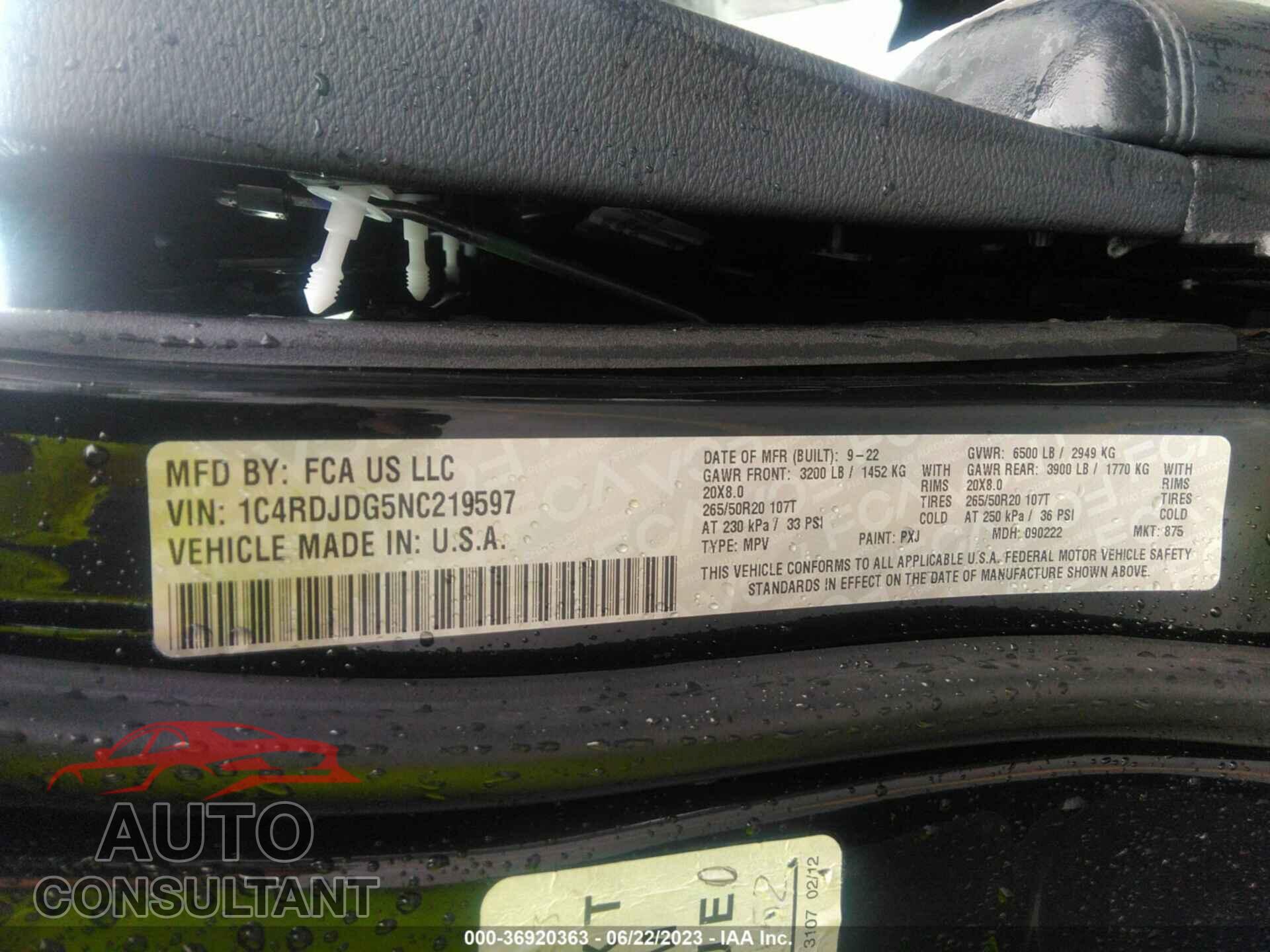 DODGE DURANGO 2022 - 1C4RDJDG5NC219597