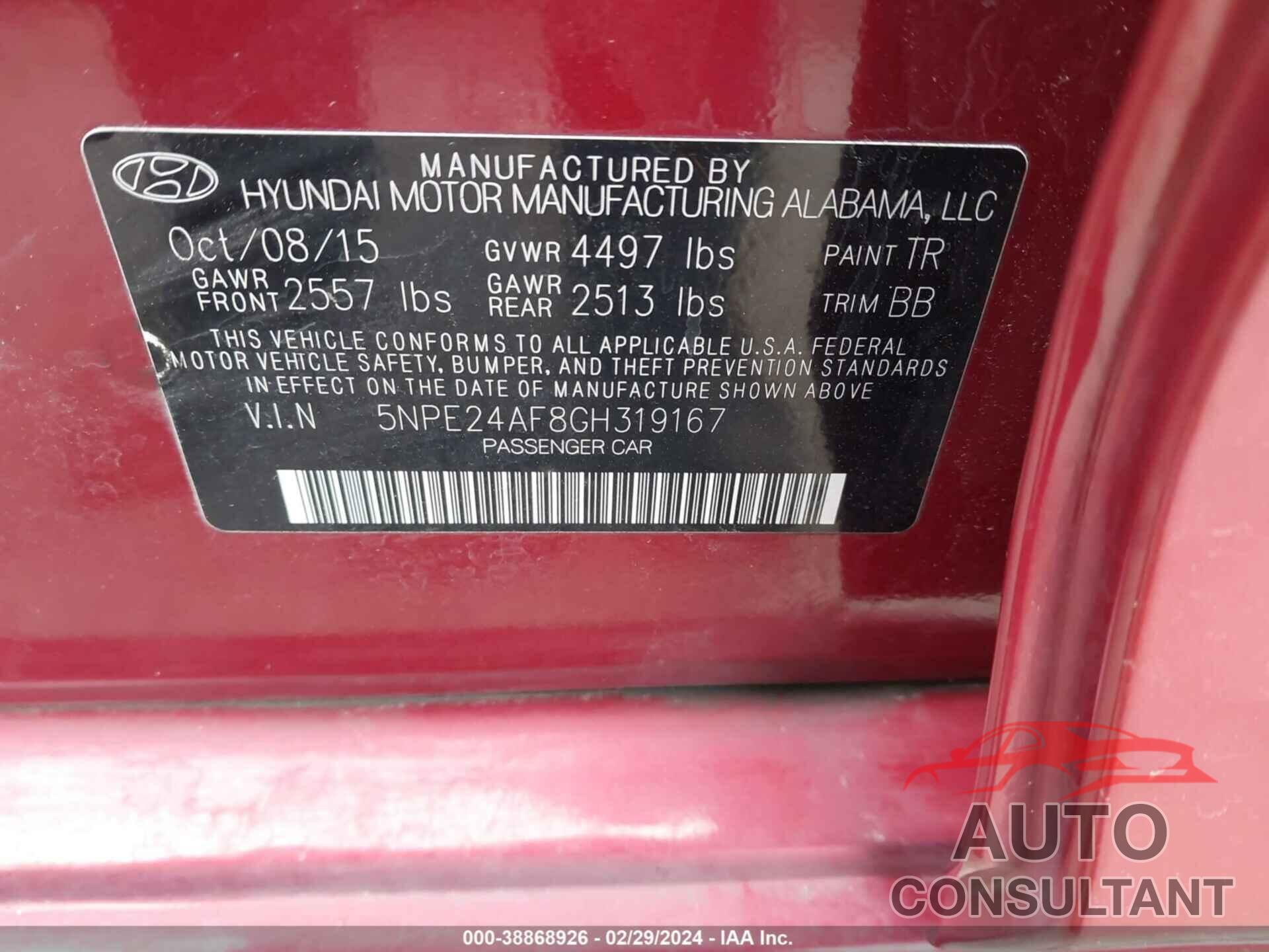 HYUNDAI SONATA 2016 - 5NPE24AF8GH319167