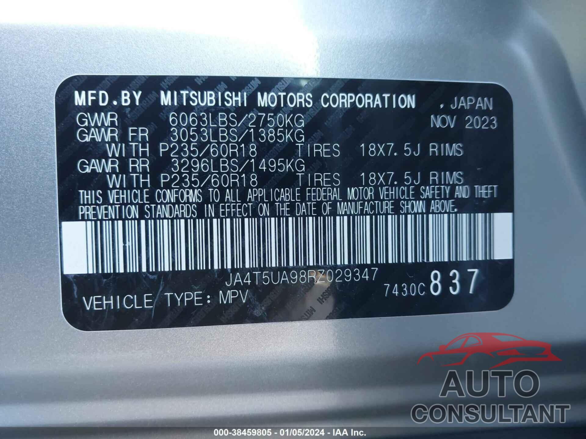 MITSUBISHI OUTLANDER 2024 - JA4T5UA98RZ029347