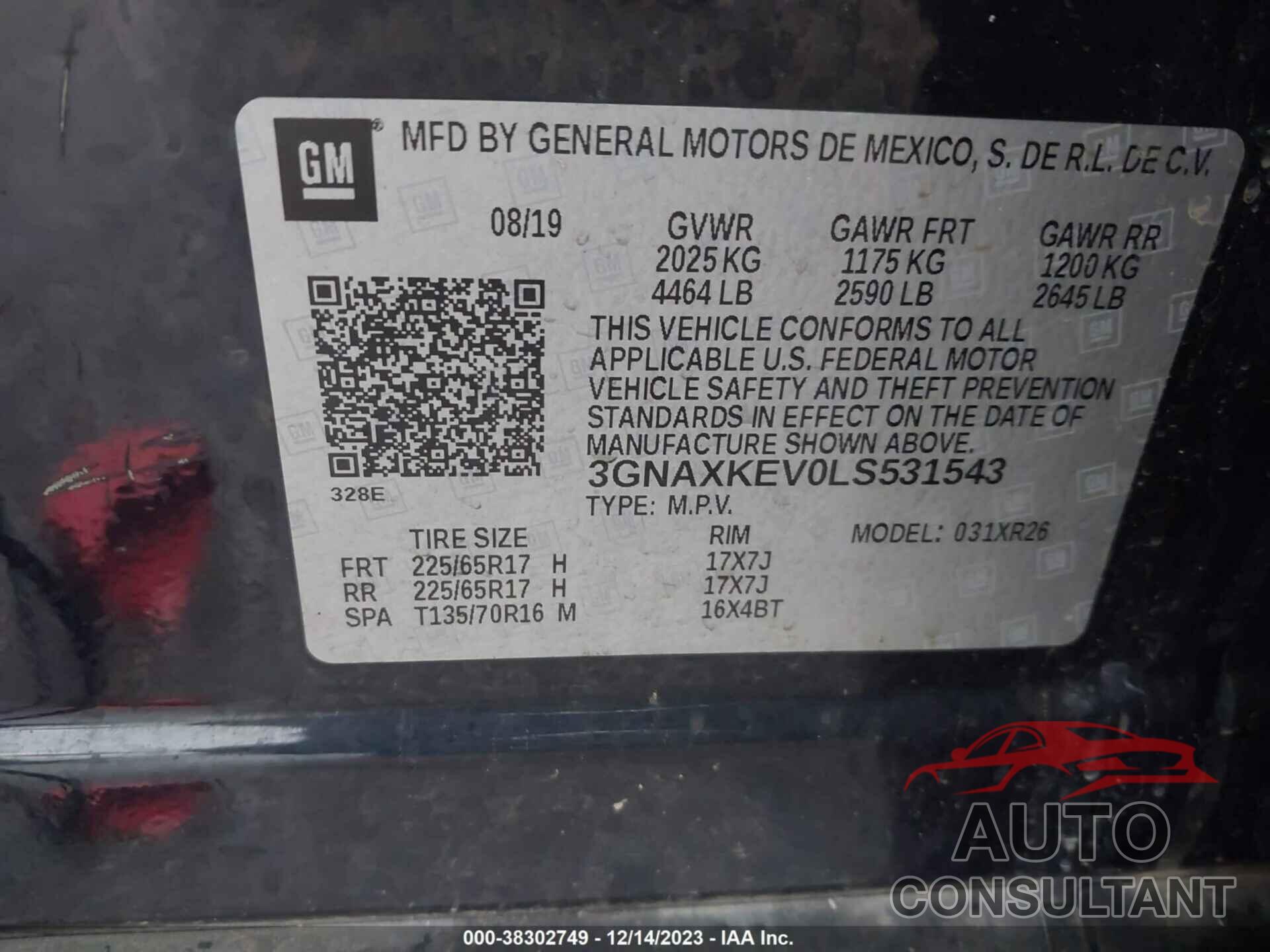 CHEVROLET EQUINOX 2020 - 3GNAXKEV0LS531543