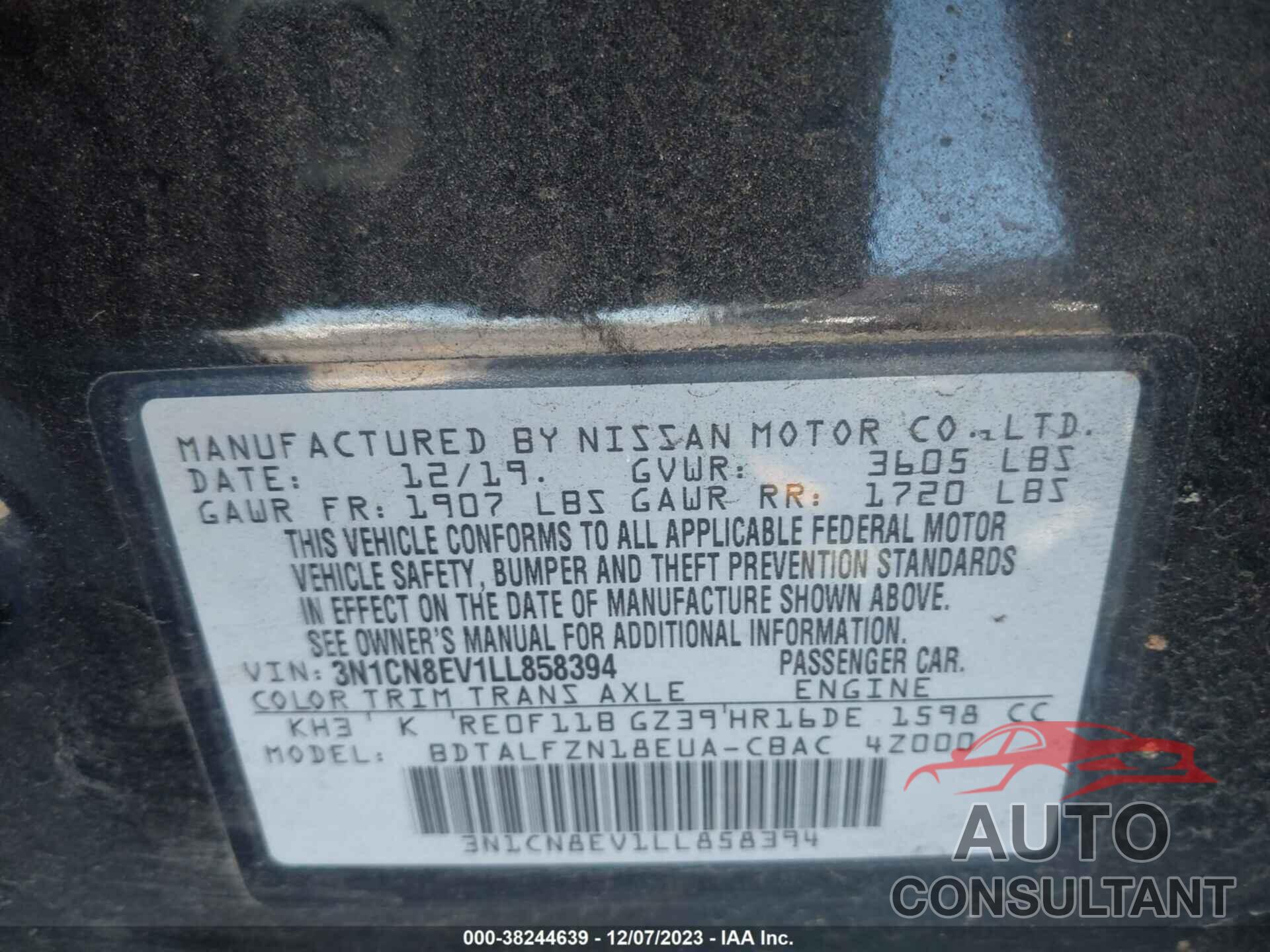 NISSAN VERSA 2020 - 3N1CN8EV1LL858394