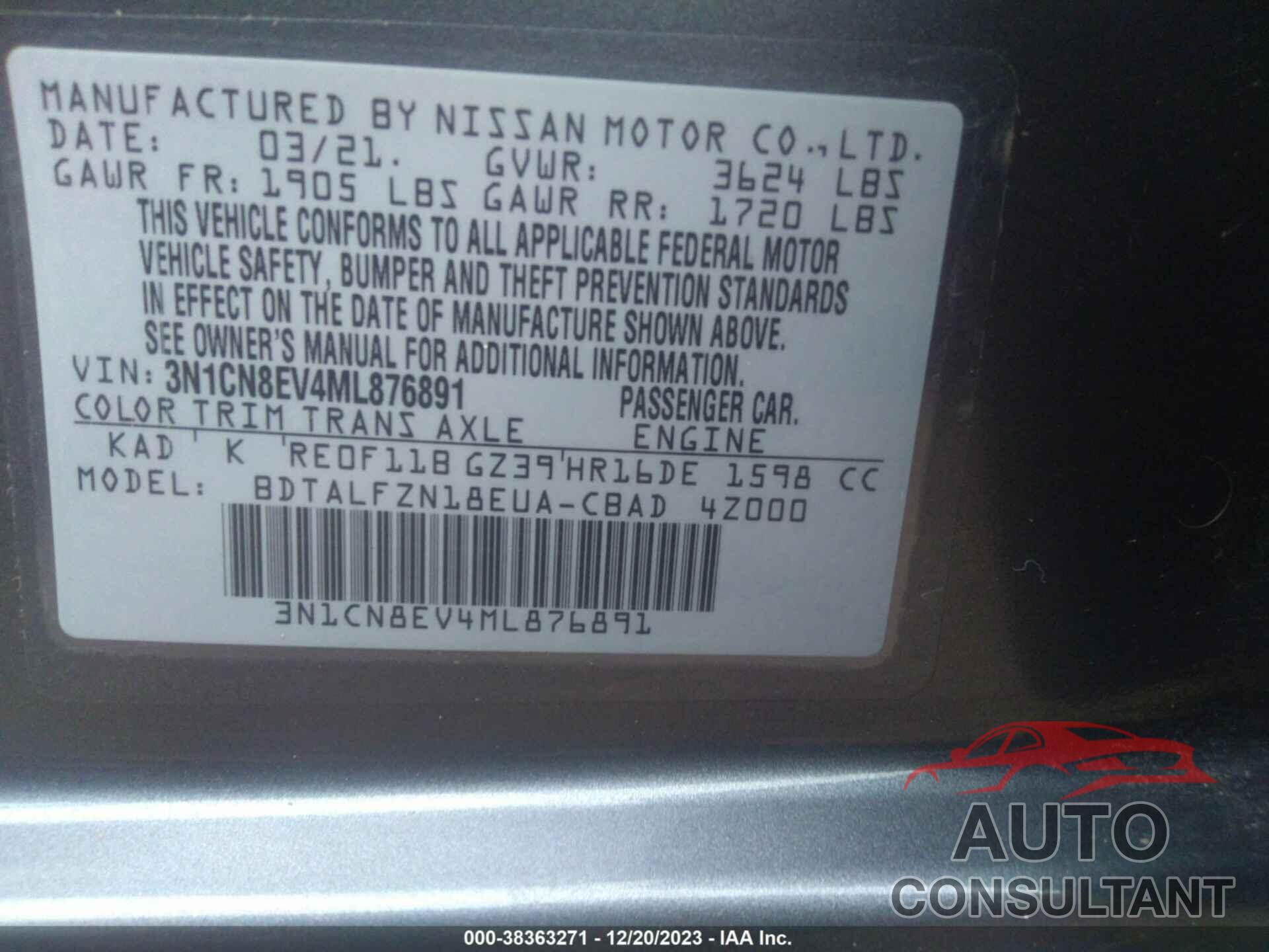 NISSAN VERSA 2021 - 3N1CN8EV4ML876891