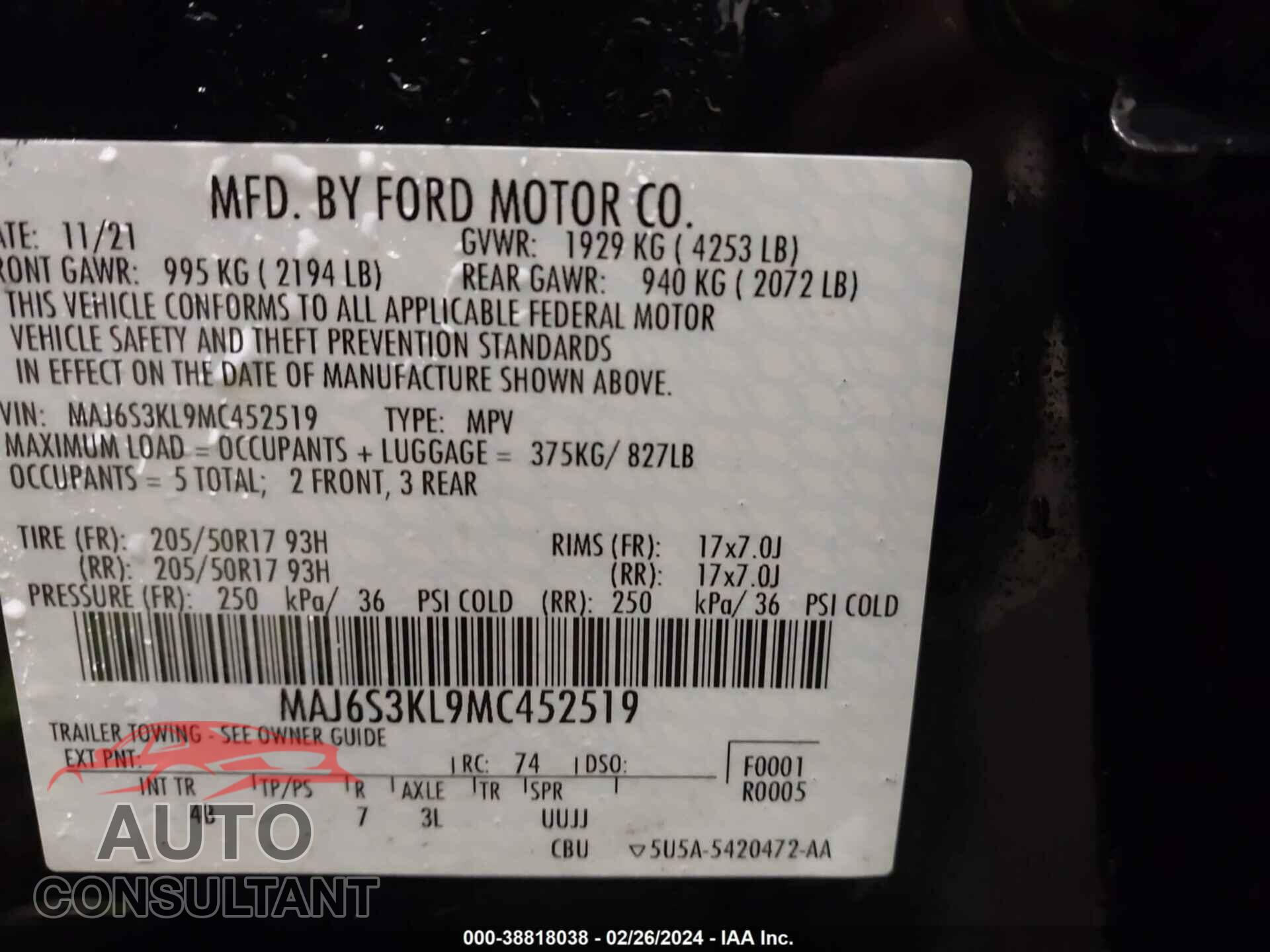 FORD ECOSPORT 2021 - MAJ6S3KL9MC452519