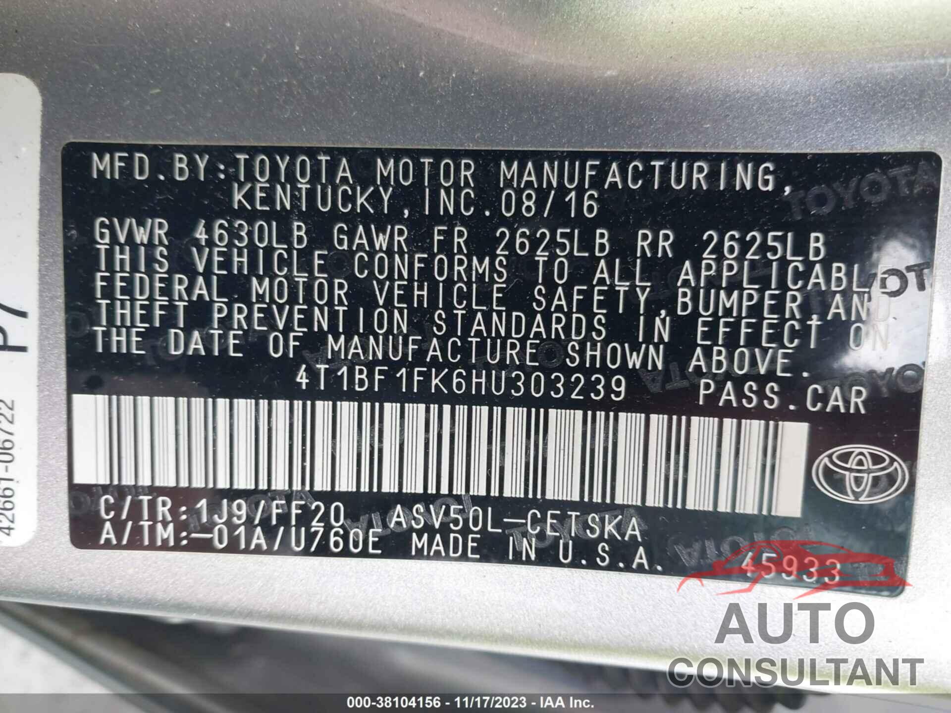 TOYOTA CAMRY 2017 - 4T1BF1FK6HU303239