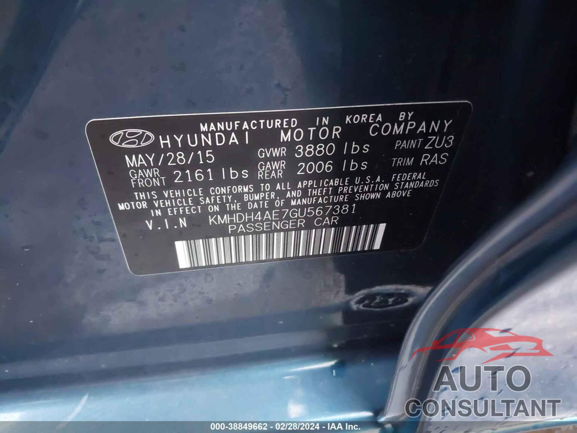 HYUNDAI ELANTRA 2016 - KMHDH4AE7GU567381