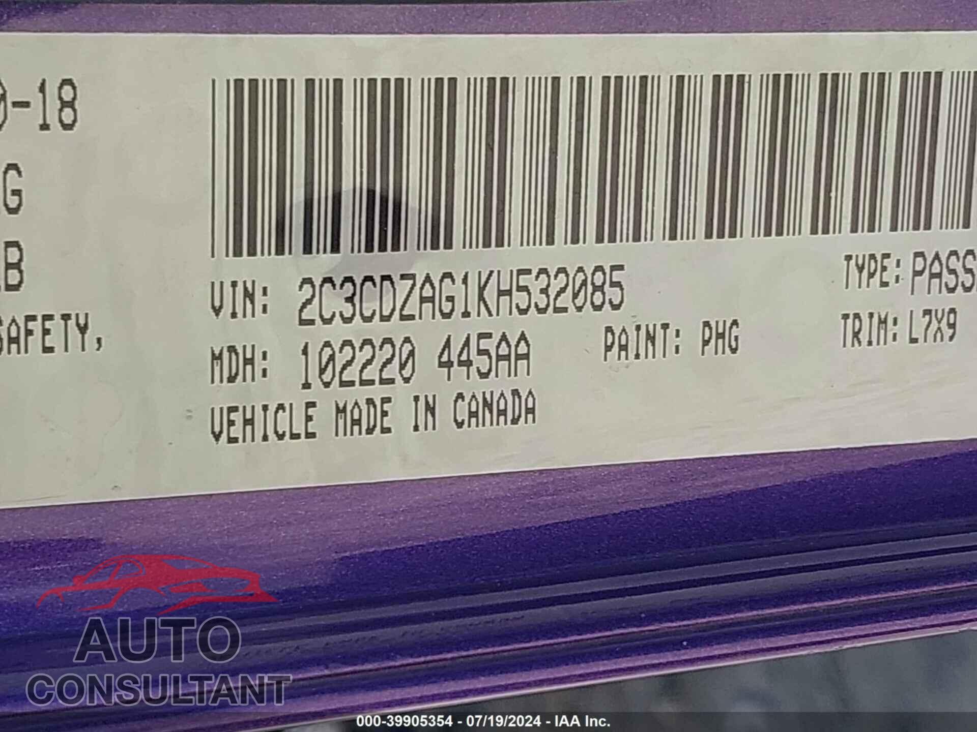 DODGE CHALLENGER 2019 - 2C3CDZAG1KH532085