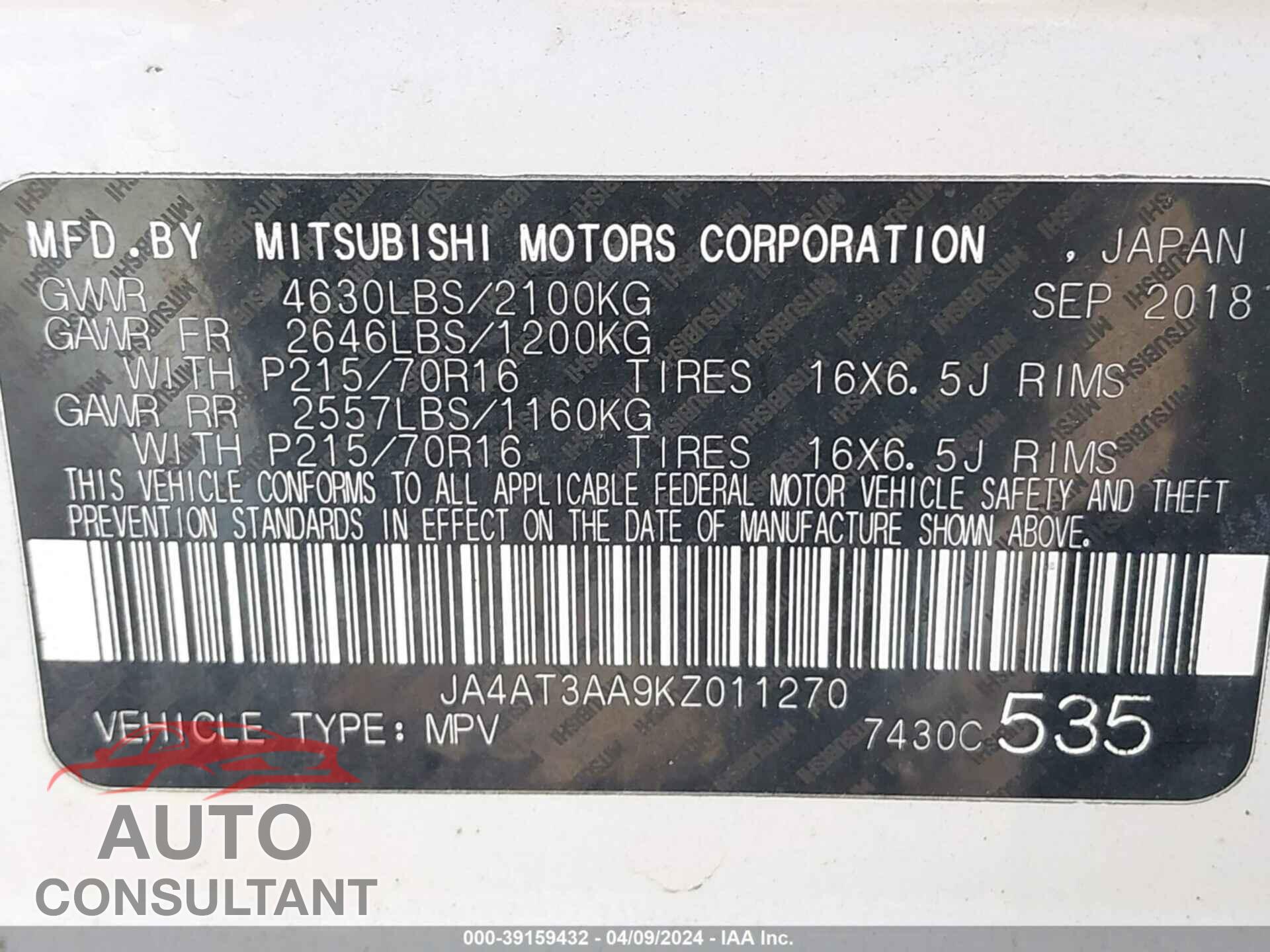 MITSUBISHI ECLIPSE CROSS 2019 - JA4AT3AA9KZ011270
