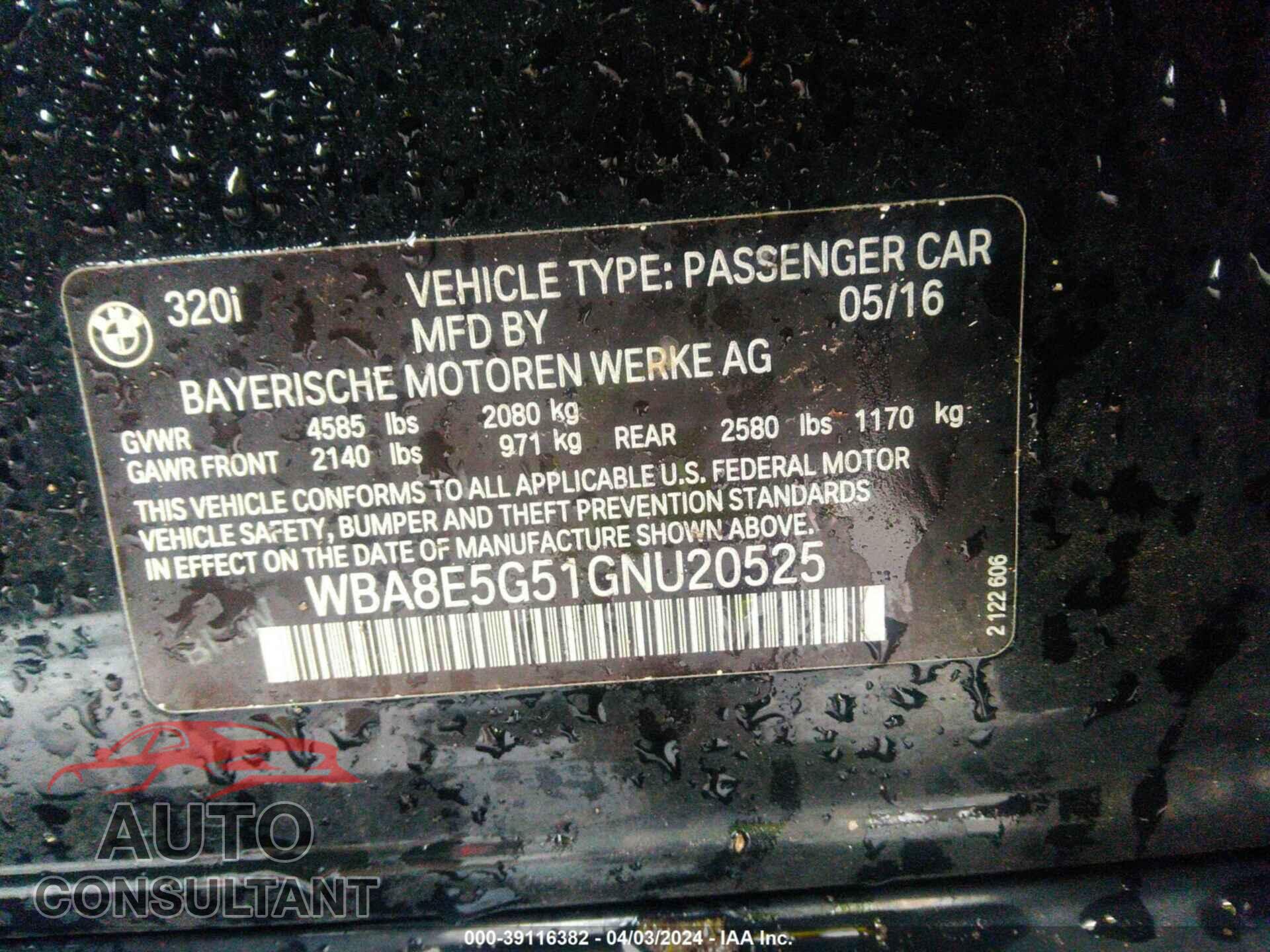 BMW 320I 2016 - WBA8E5G51GNU20525