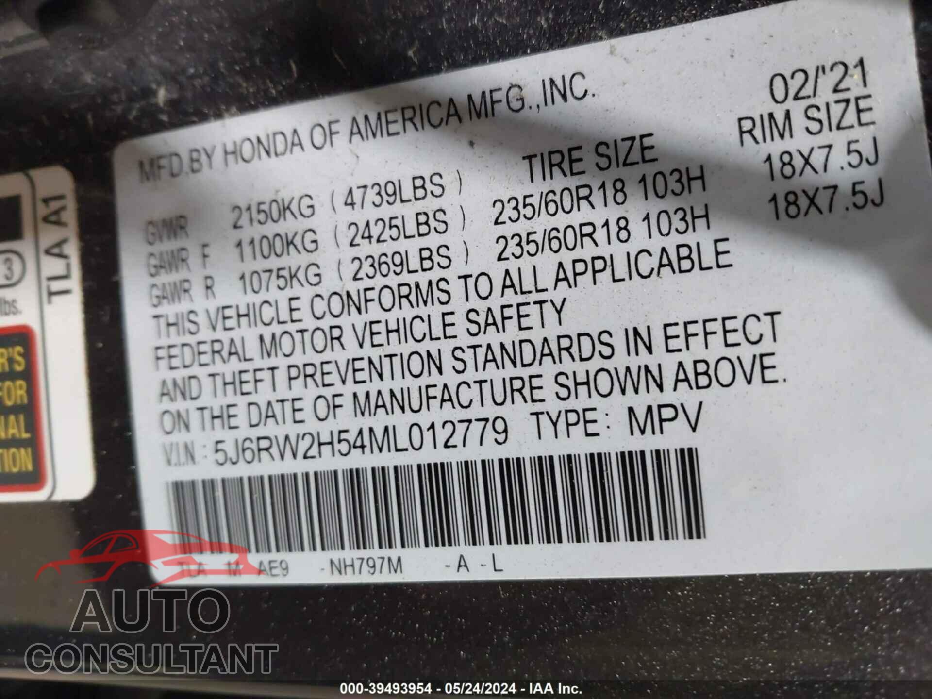 HONDA CR-V 2021 - 5J6RW2H54ML012779