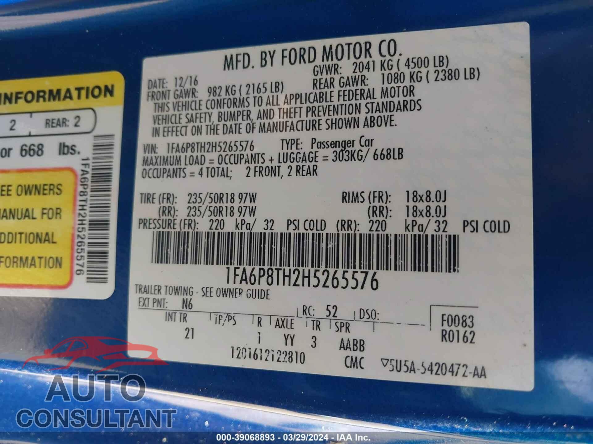 FORD MUSTANG 2017 - 1FA6P8TH2H5265576