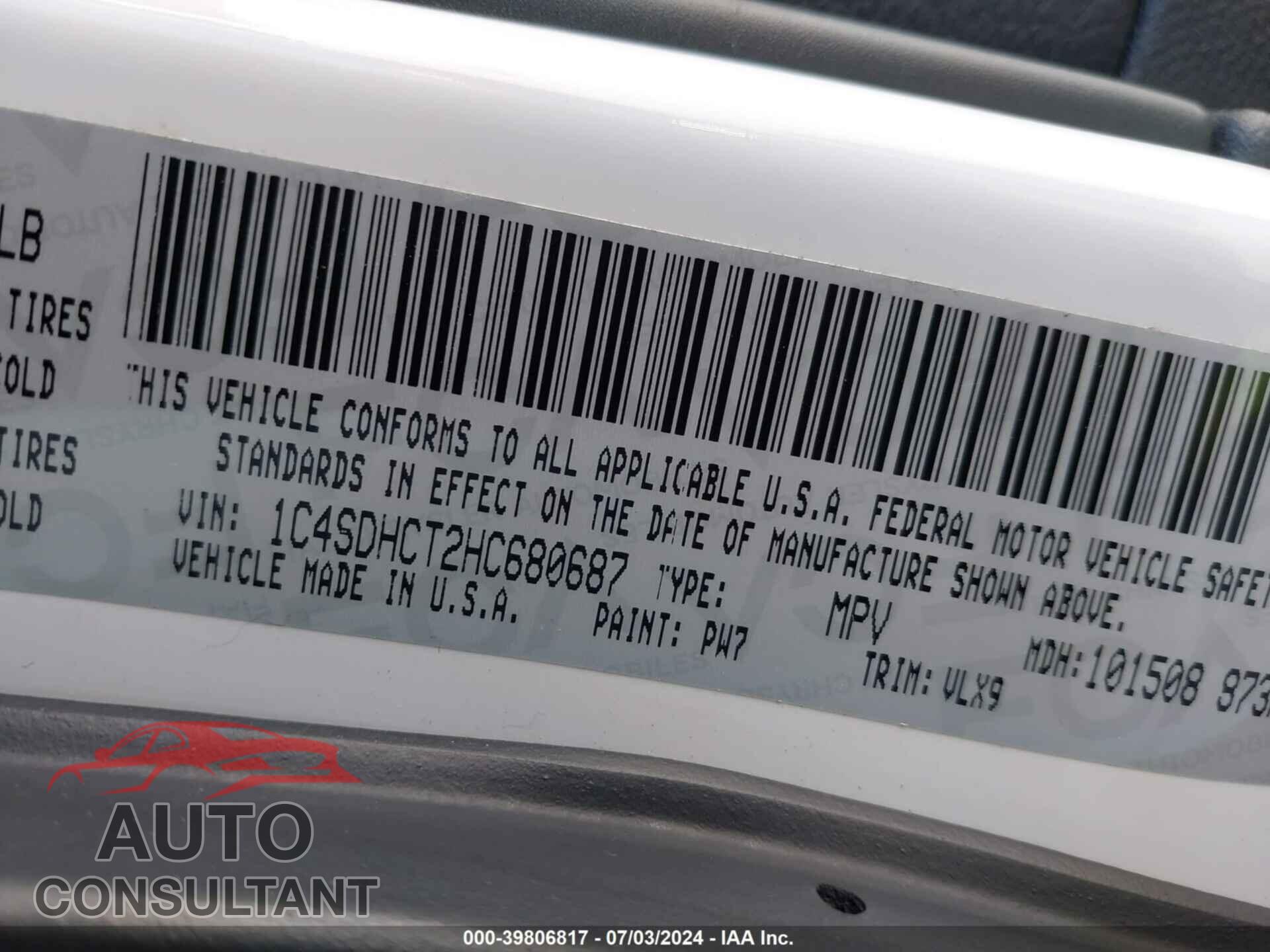 DODGE DURANGO 2017 - 1C4SDHCT2HC680687