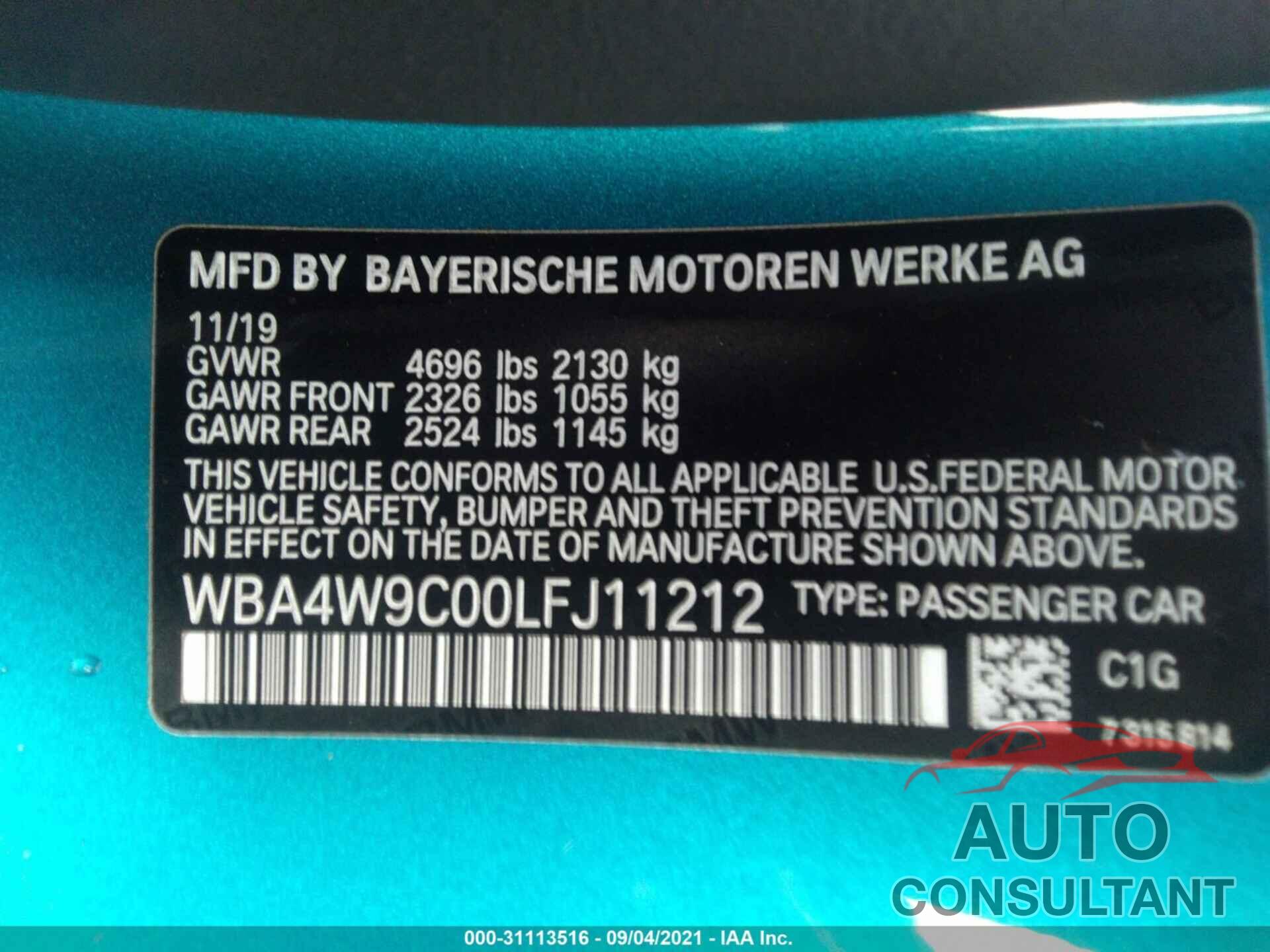 BMW 4 SERIES 2020 - WBA4W9C00LFJ11212