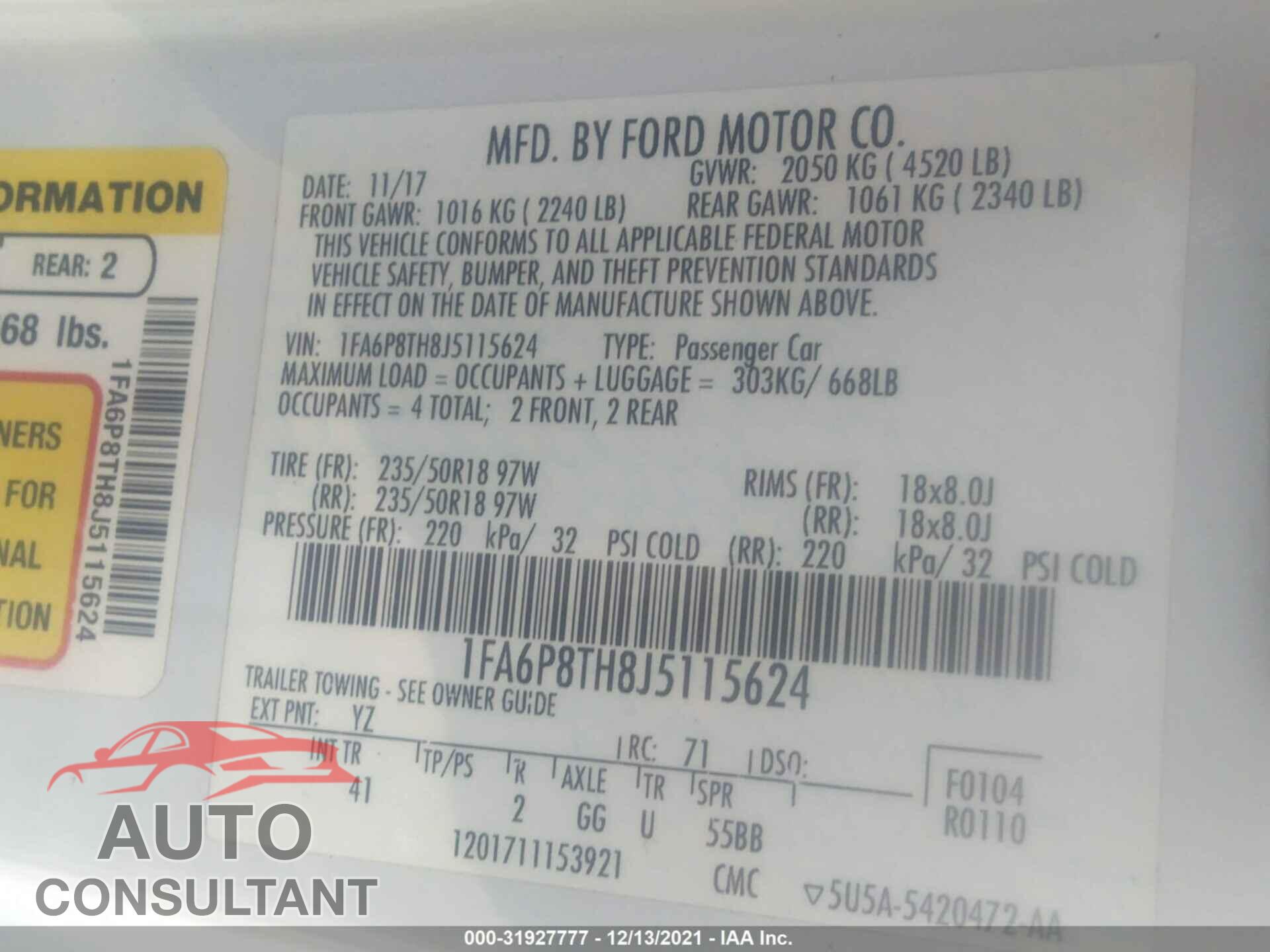 FORD MUSTANG 2018 - 1FA6P8TH8J5115624