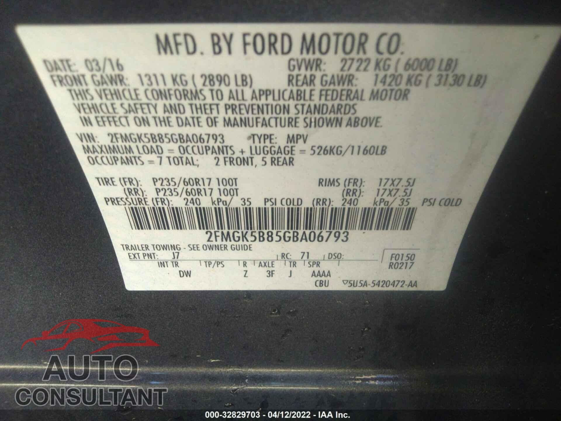 FORD FLEX 2016 - 2FMGK5B85GBA06793