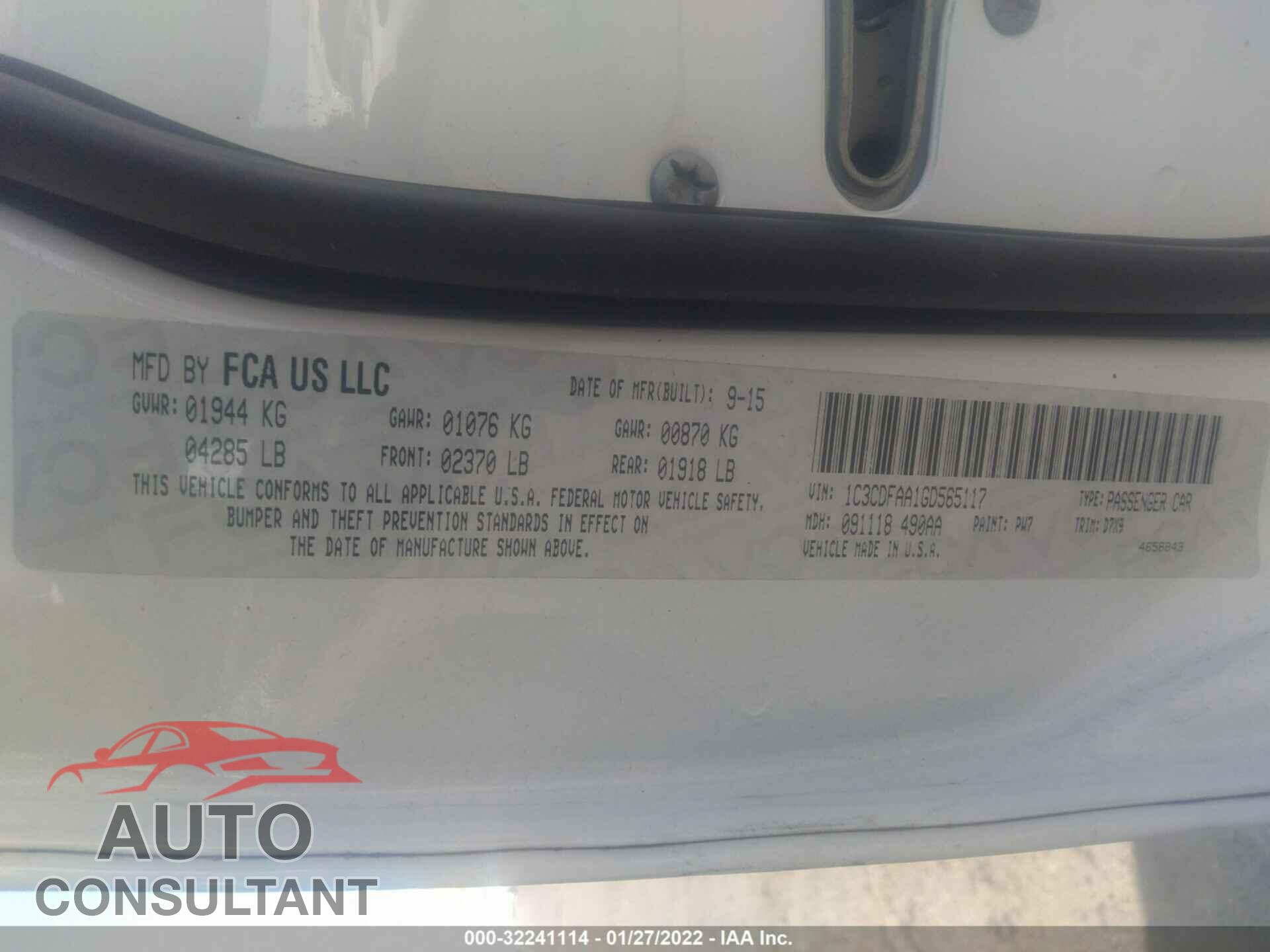 DODGE DART 2016 - 1C3CDFAA1GD565117