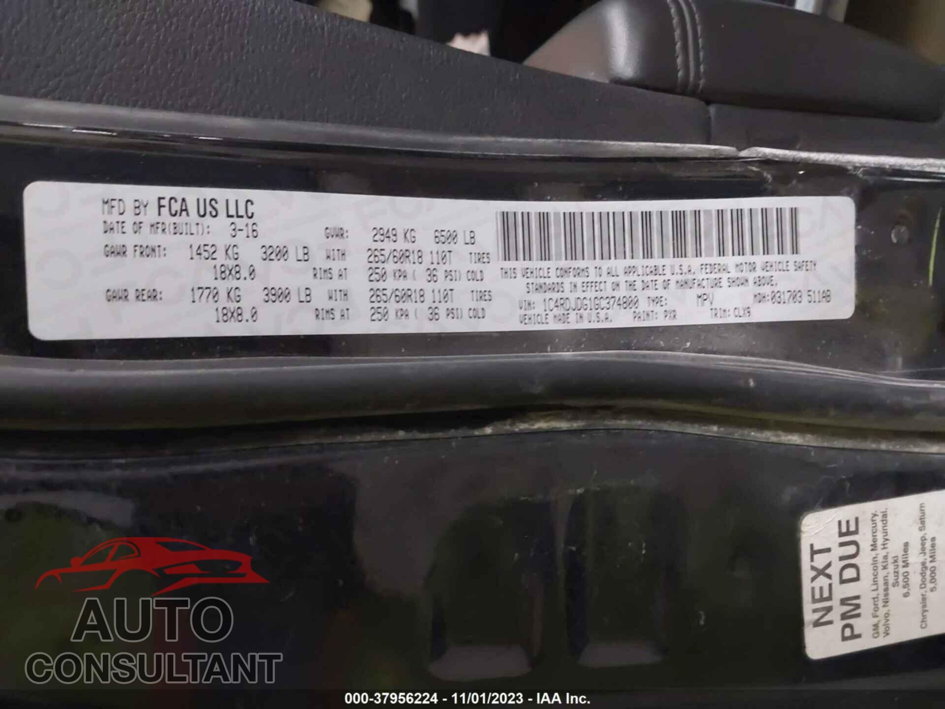 DODGE DURANGO 2016 - 1C4RDJDG1GC374800