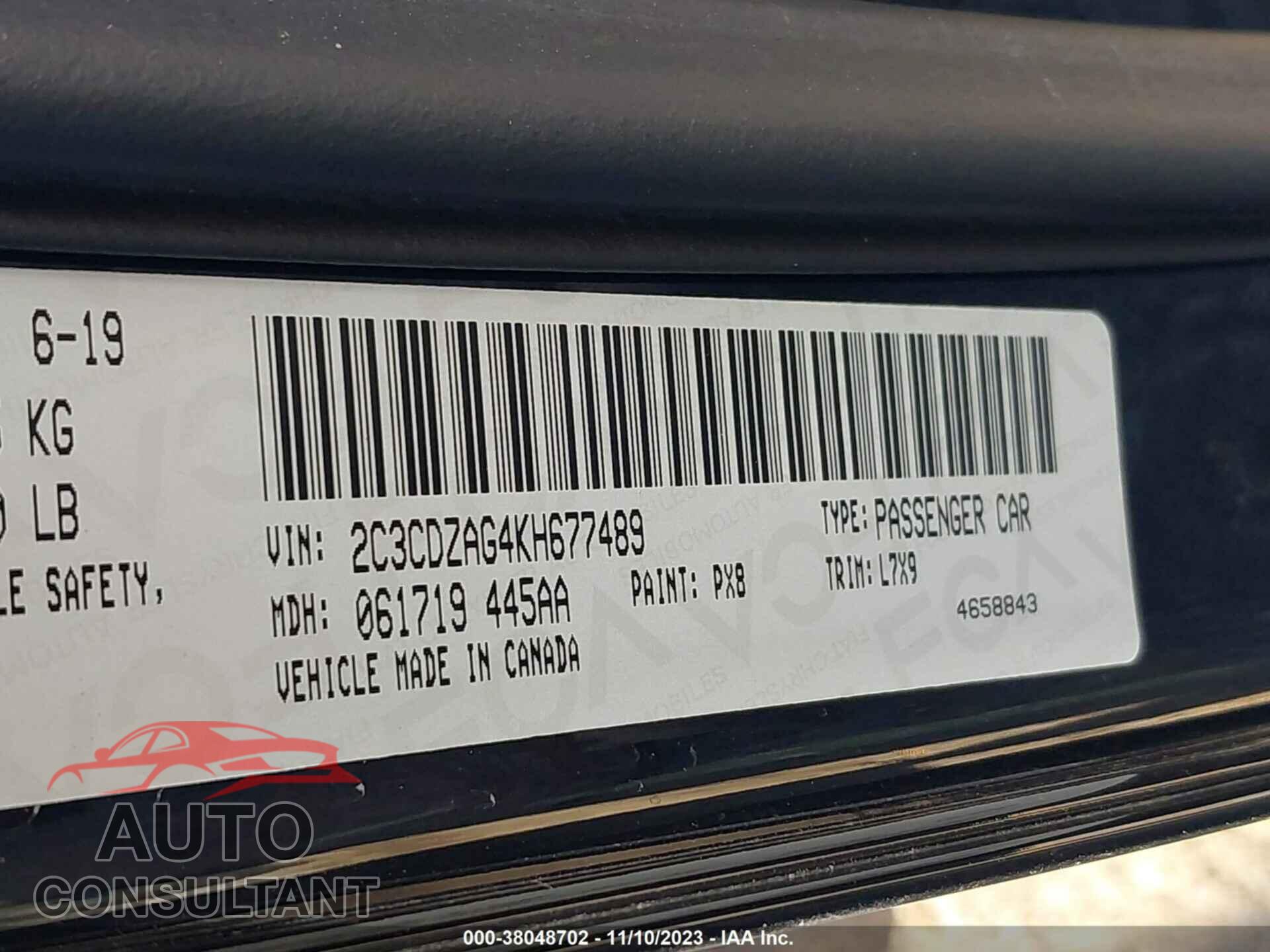 DODGE CHALLENGER 2019 - 2C3CDZAG4KH677489