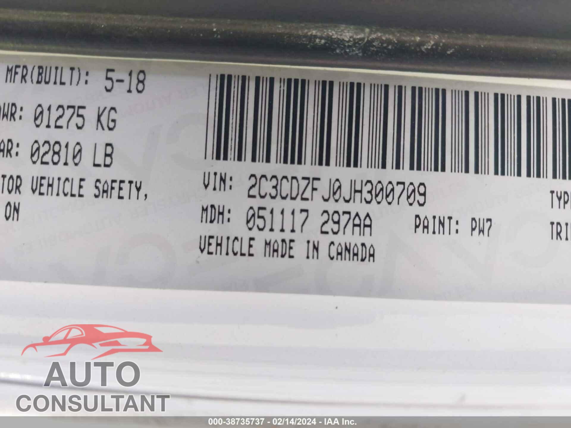 DODGE CHALLENGER 2018 - 2C3CDZFJ0JH300709