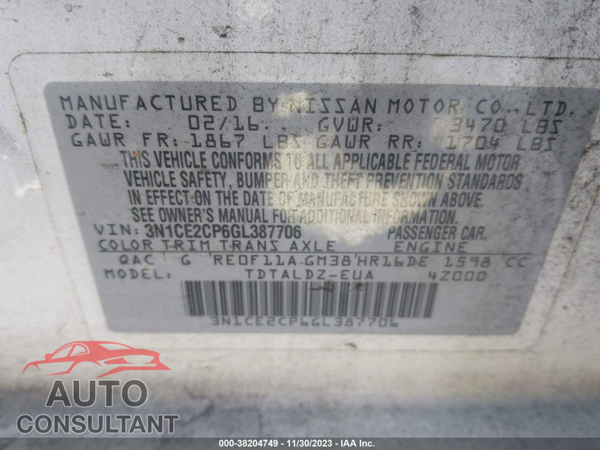 NISSAN VERSA NOTE 2016 - 3N1CE2CP6GL387706
