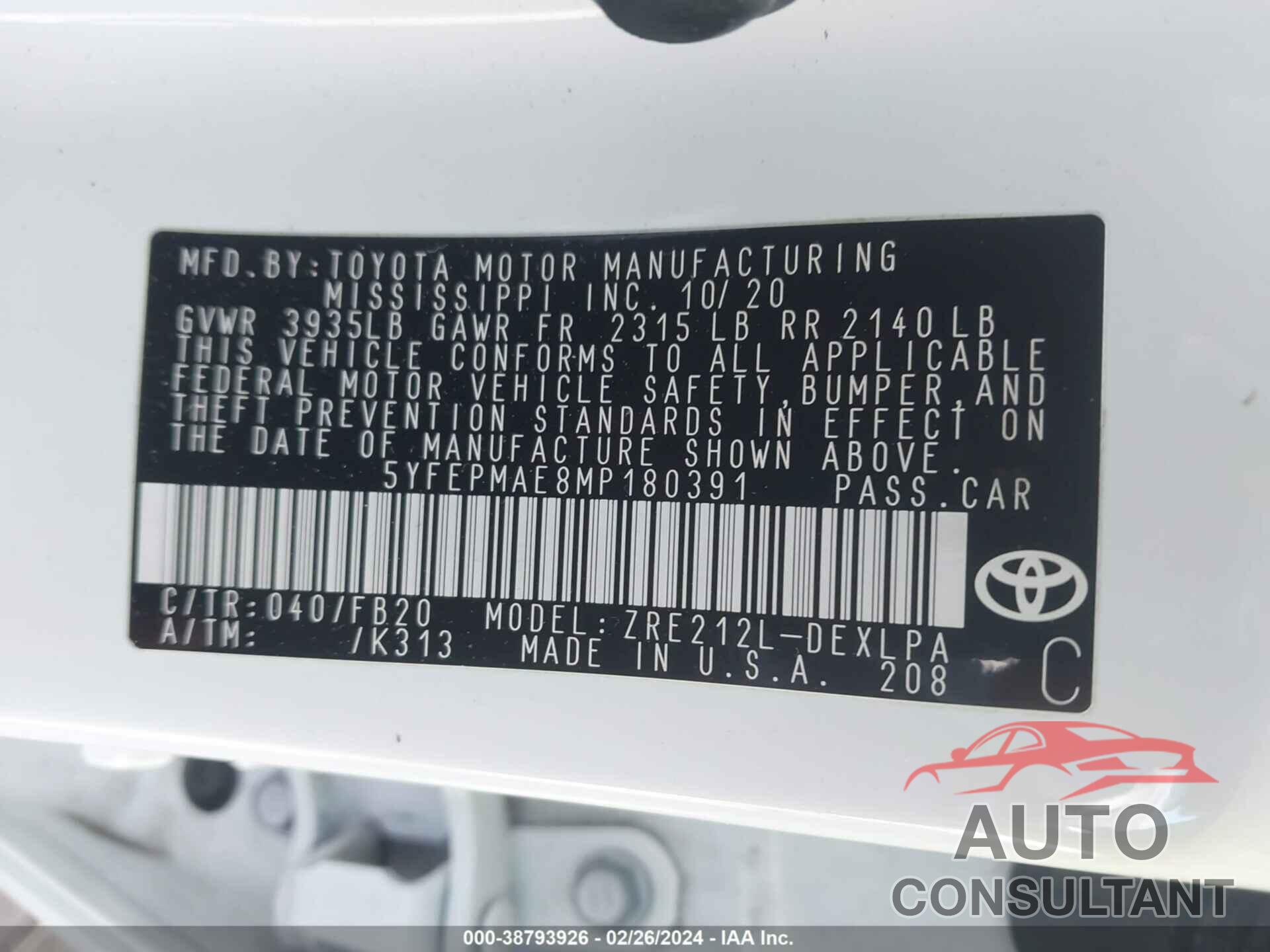 TOYOTA COROLLA 2021 - 5YFEPMAE8MP180391