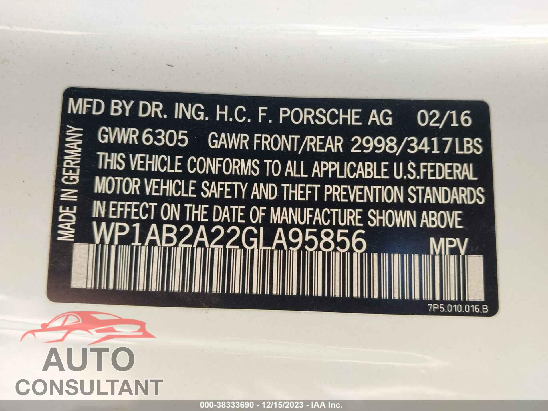 PORSCHE CAYENNE 2016 - WP1AB2A22GLA95856