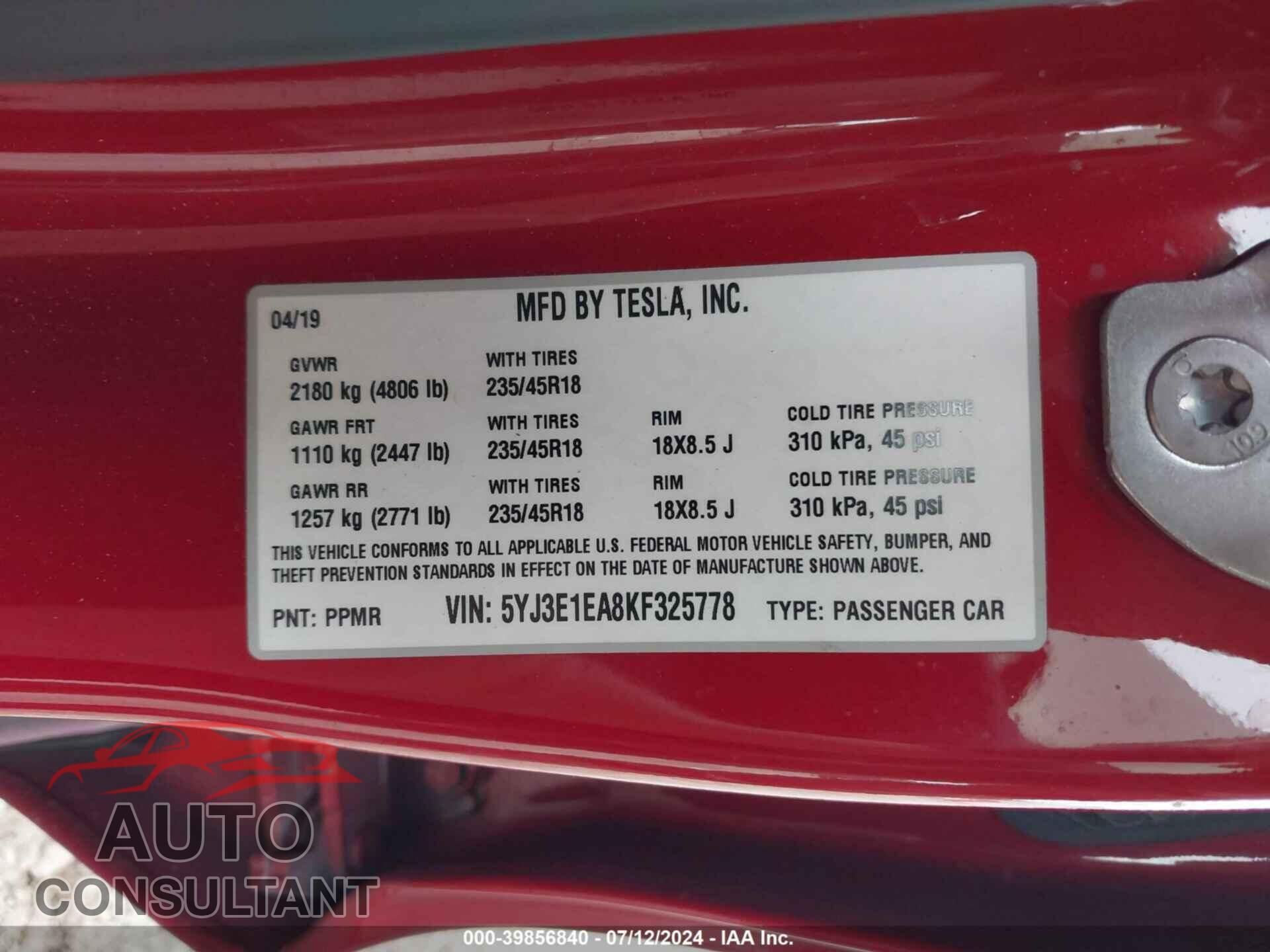 TESLA MODEL 3 2019 - 5YJ3E1EA8KF325778