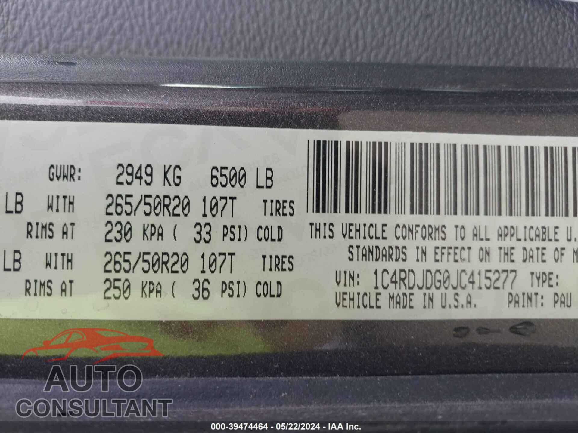 DODGE DURANGO 2018 - 1C4RDJDG0JC415277