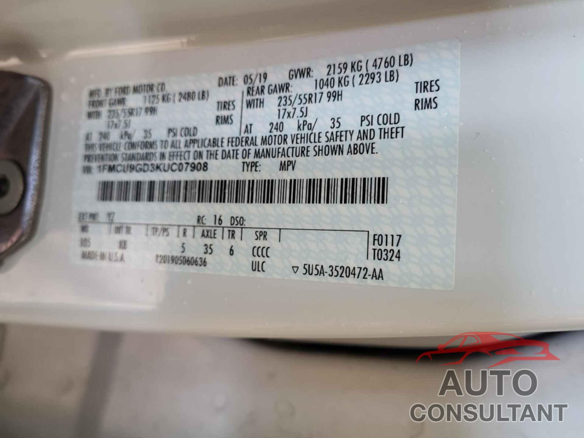 FORD ESCAPE 2019 - 1FMCU9GD3KUC07908
