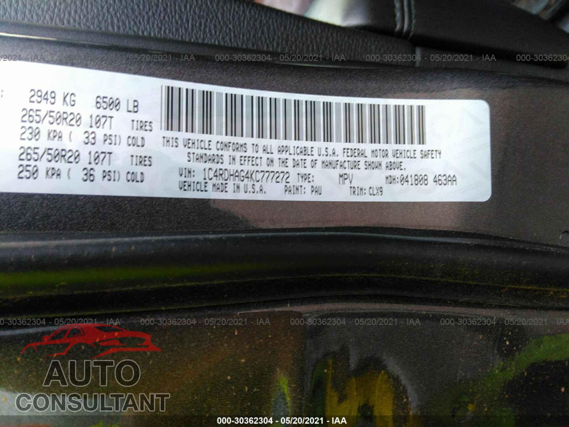 DODGE DURANGO 2019 - 1C4RDHAG4KC777272