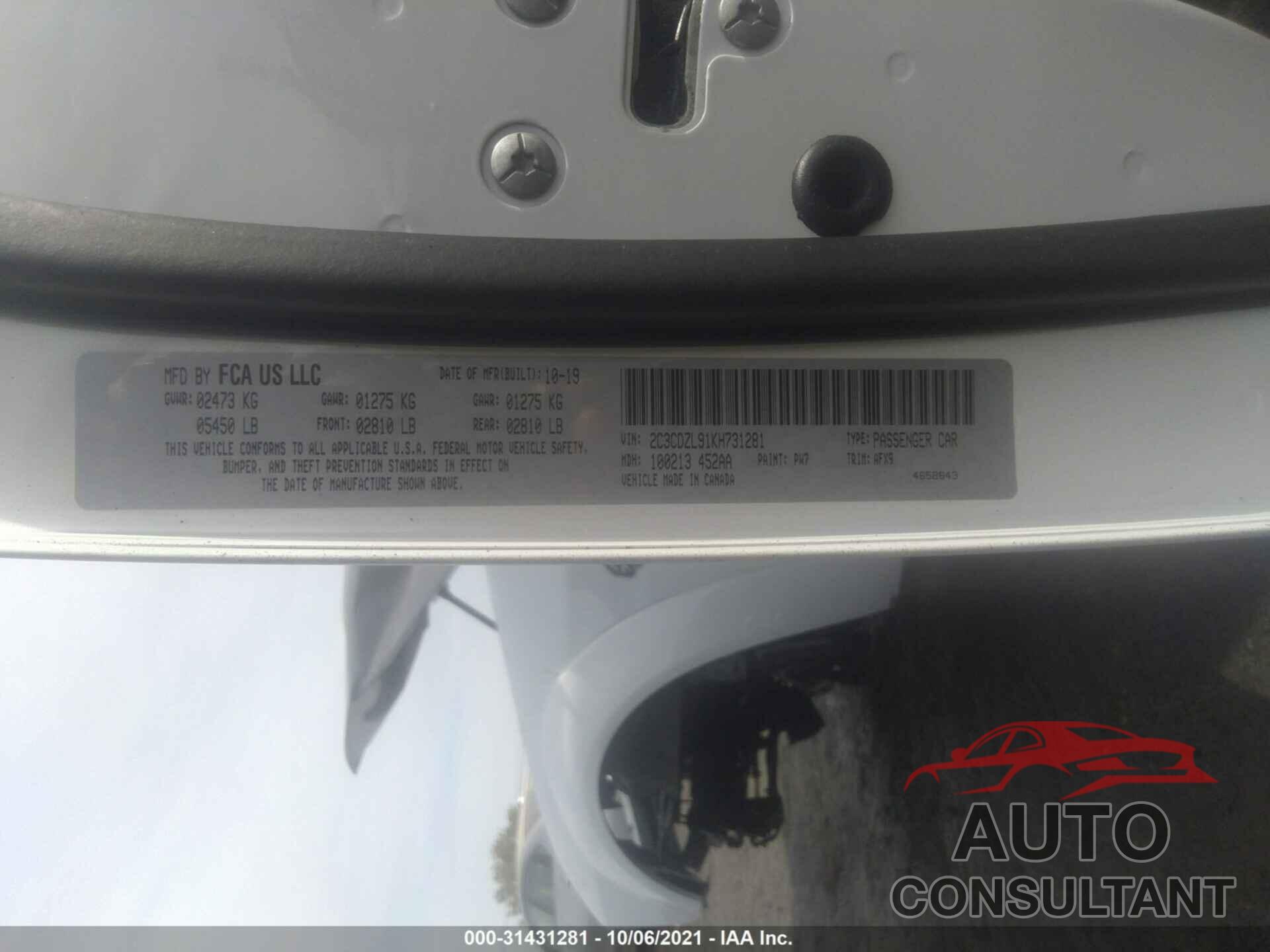 DODGE CHALLENGER 2019 - 2C3CDZL91KH731281