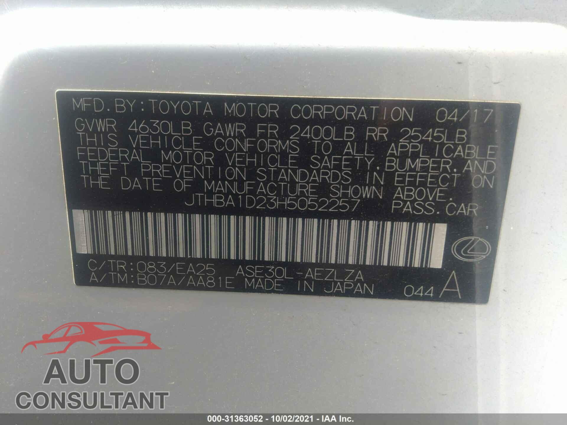 LEXUS IS 2017 - JTHBA1D23H5052257