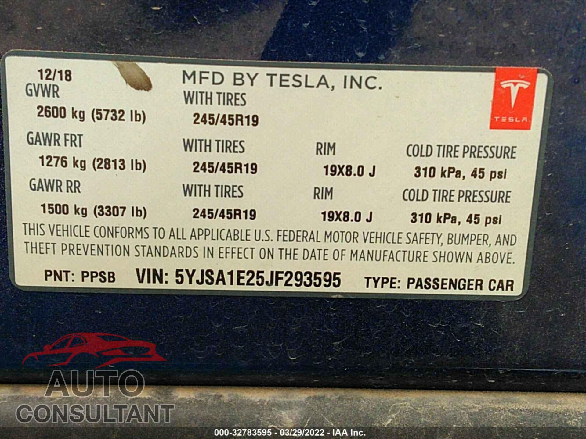 TESLA MODEL S 2018 - 5YJSA1E25JF293595