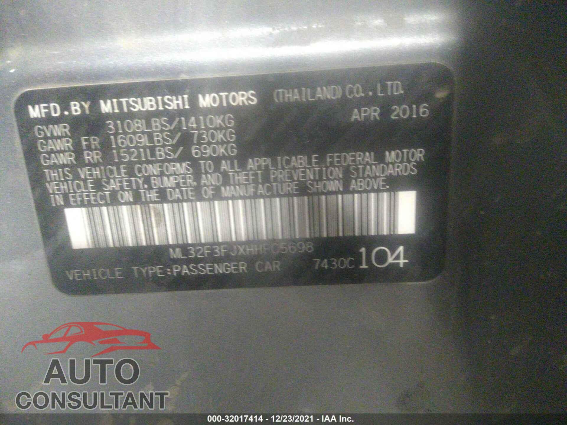 MITSUBISHI MIRAGE G4 2017 - ML32F3FJXHHF05698