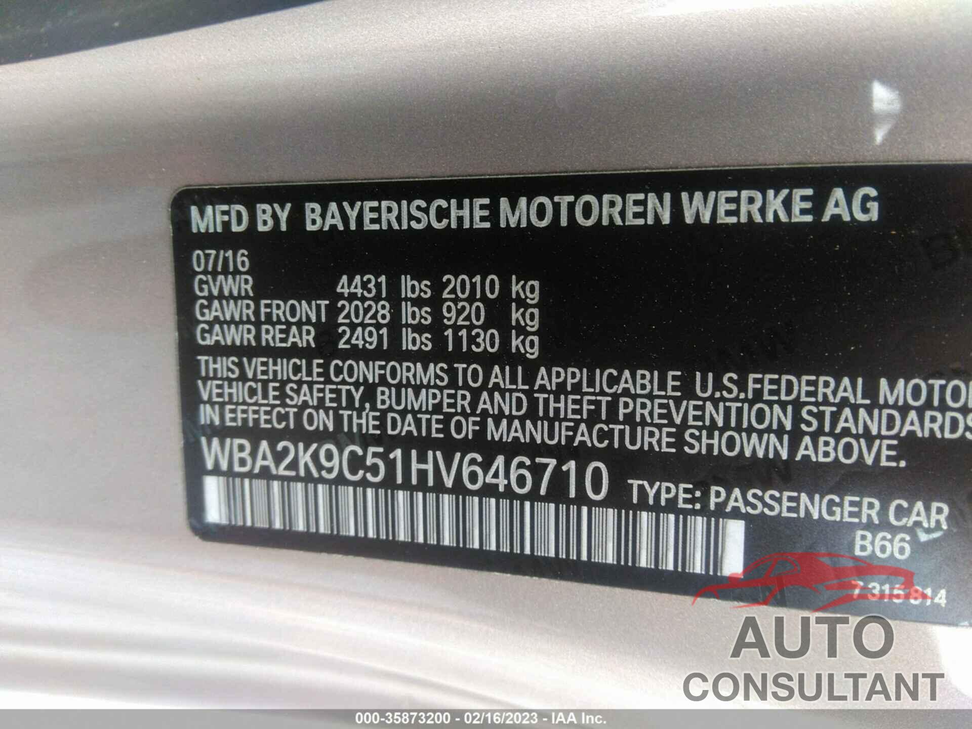 BMW 2 SERIES 2017 - WBA2K9C51HV646710