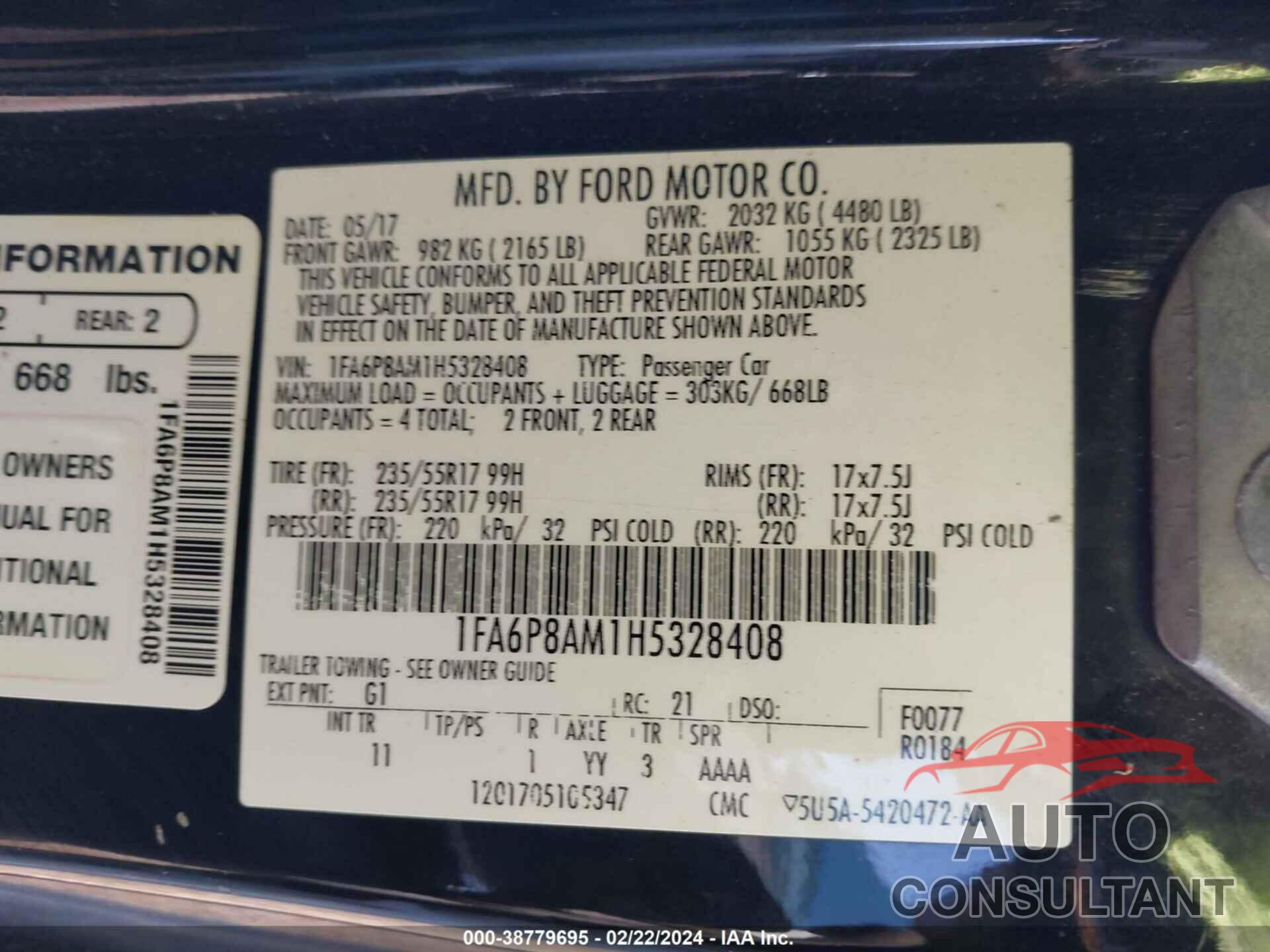 FORD MUSTANG 2017 - 1FA6P8AM1H5328408