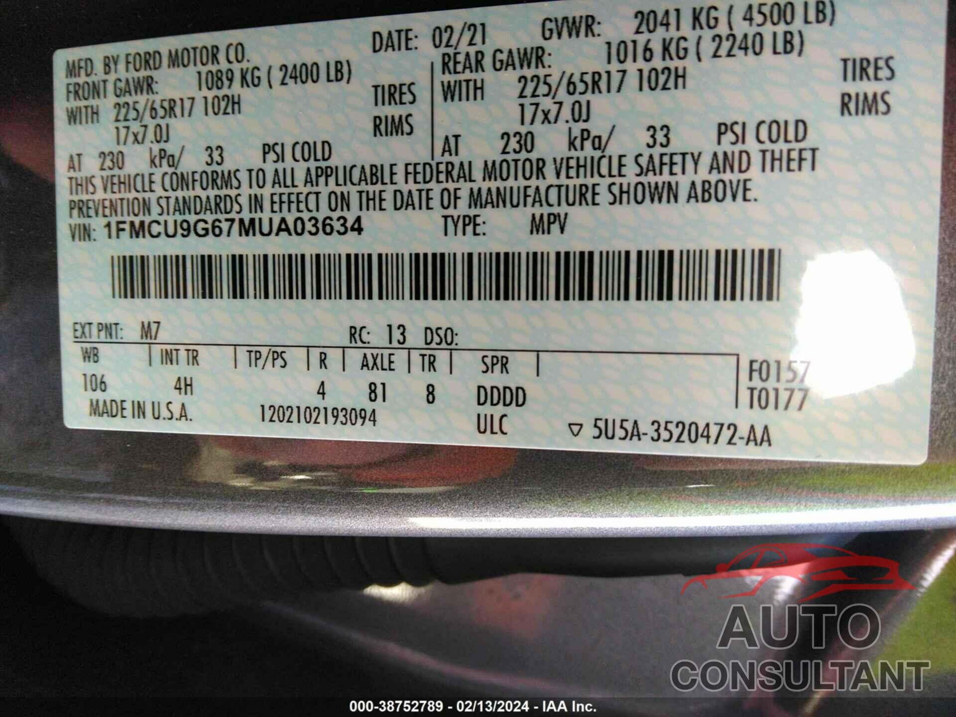 FORD ESCAPE 2021 - 1FMCU9G67MUA03634