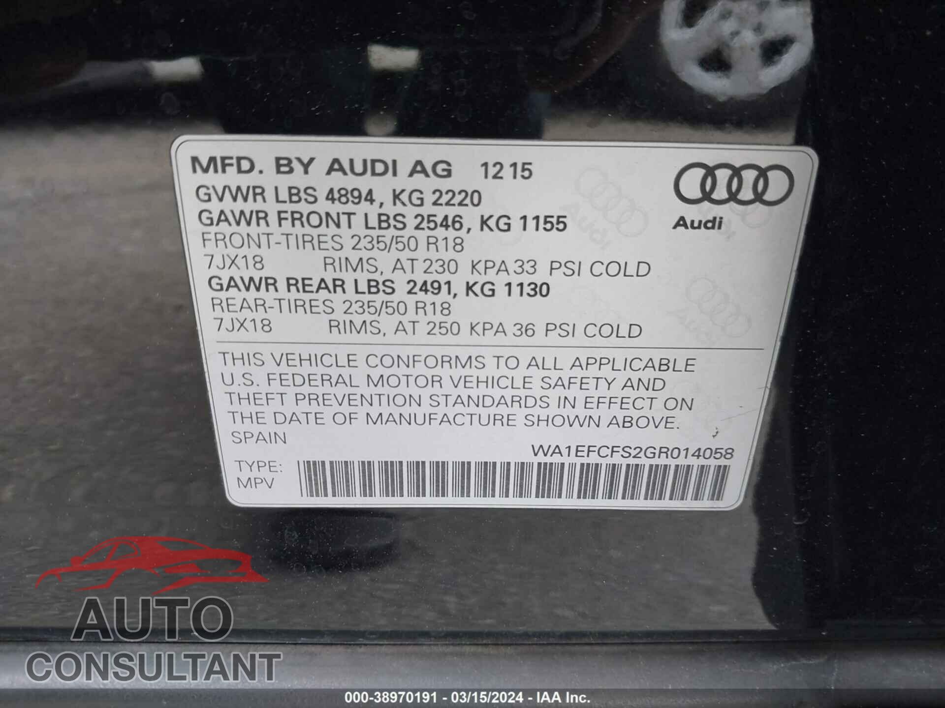 AUDI Q3 2016 - WA1EFCFS2GR014058