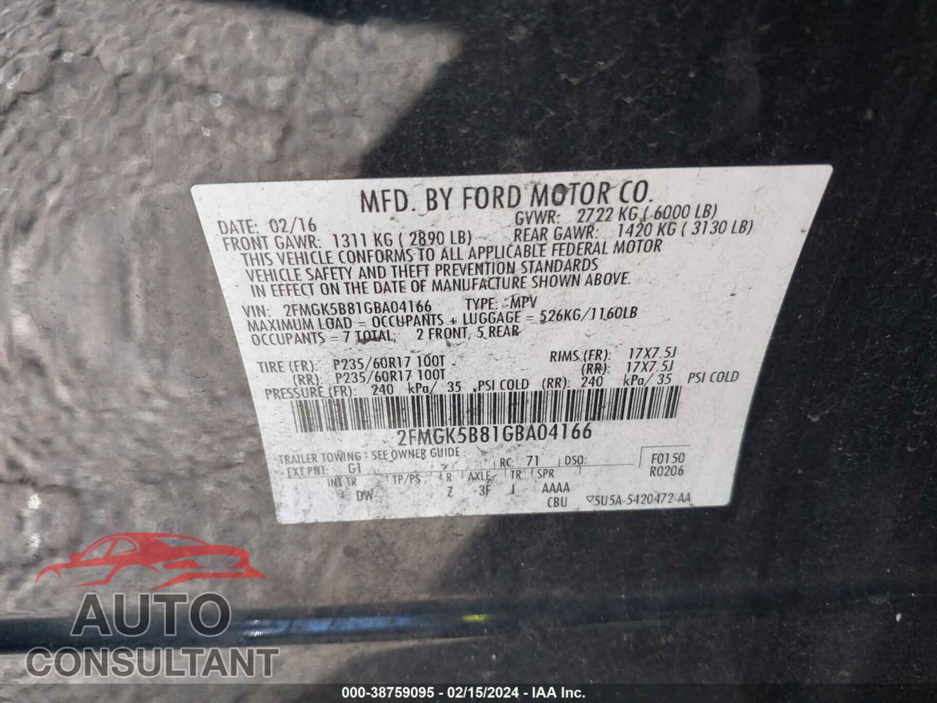 FORD FLEX 2016 - 2FMGK5B81GBA04166