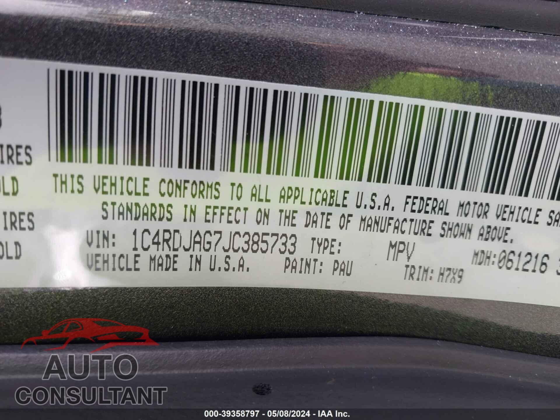 DODGE DURANGO 2018 - 1C4RDJAG7JC385733