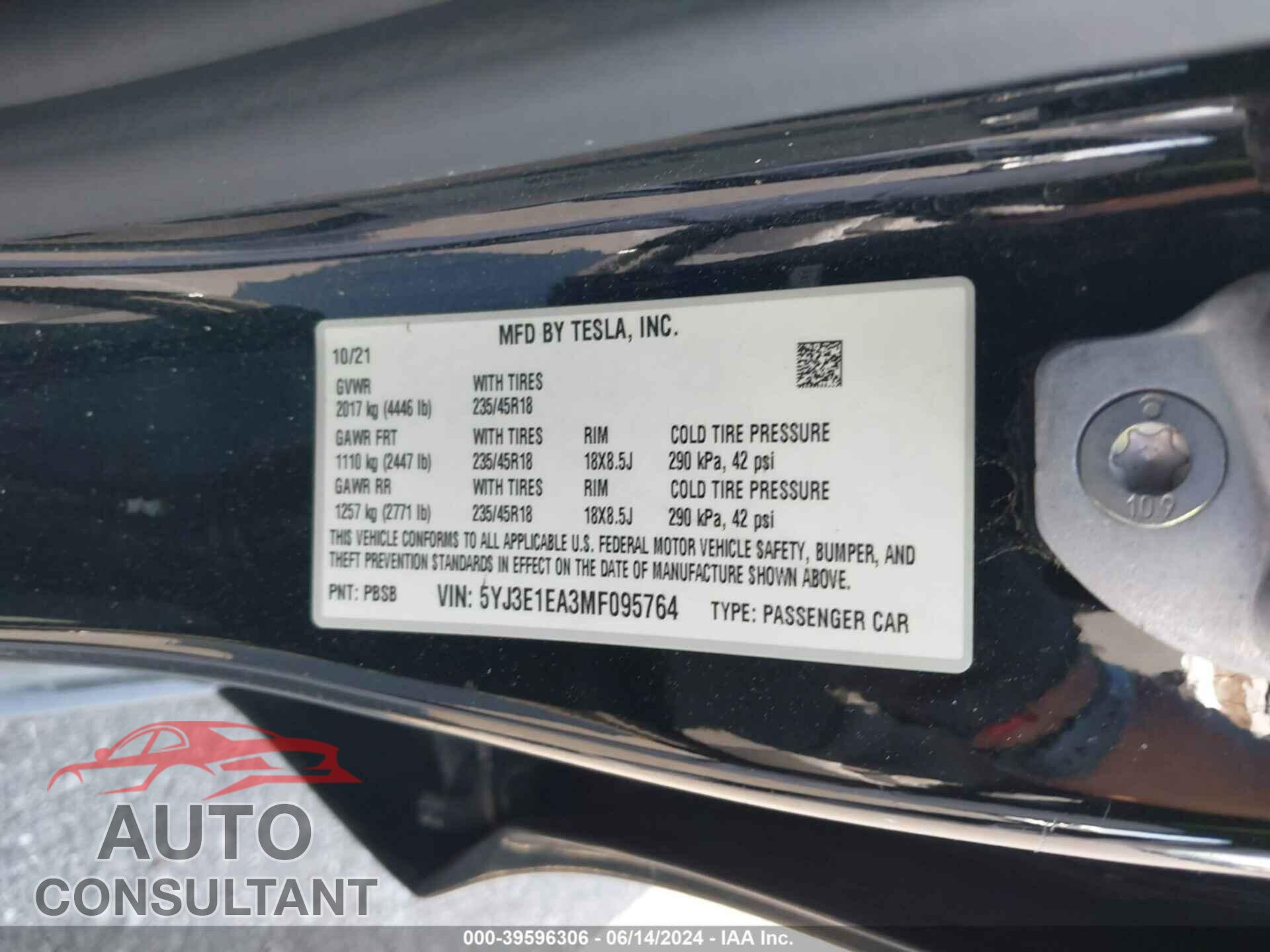 TESLA MODEL 3 2021 - 5YJ3E1EA3MF095764