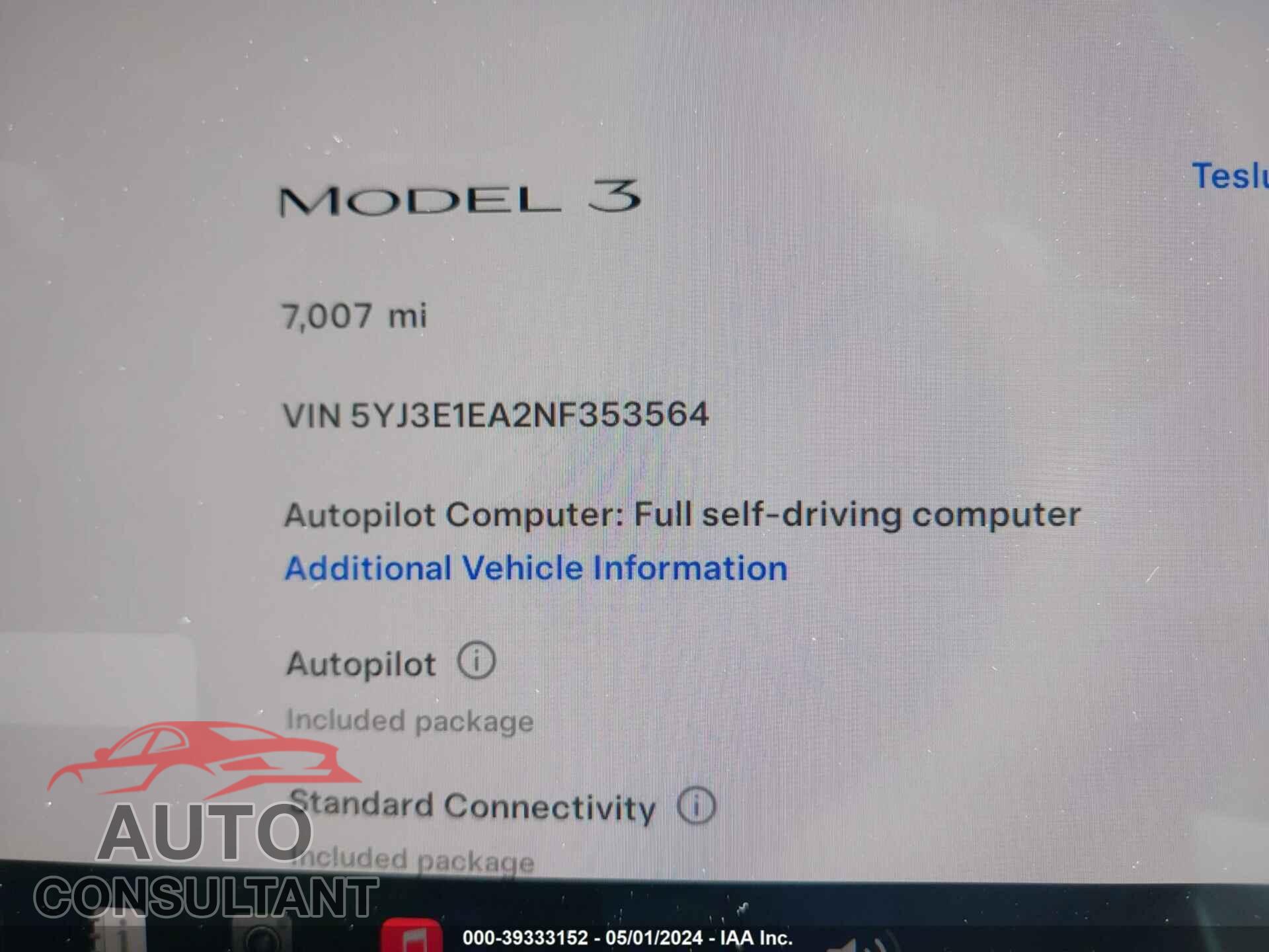 TESLA MODEL 3 2022 - 5YJ3E1EA2NF353564