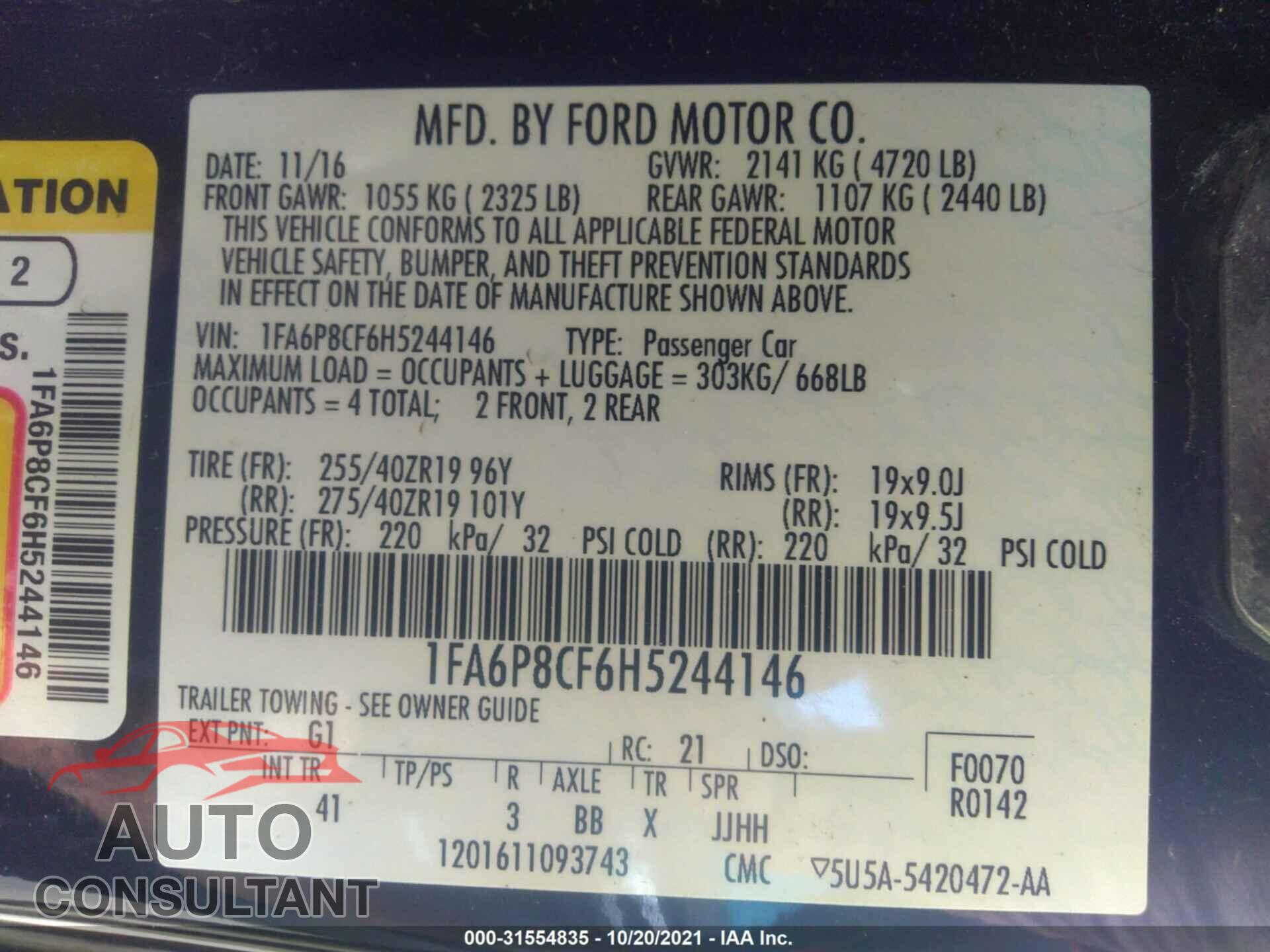 FORD MUSTANG 2017 - 1FA6P8CF6H5244146