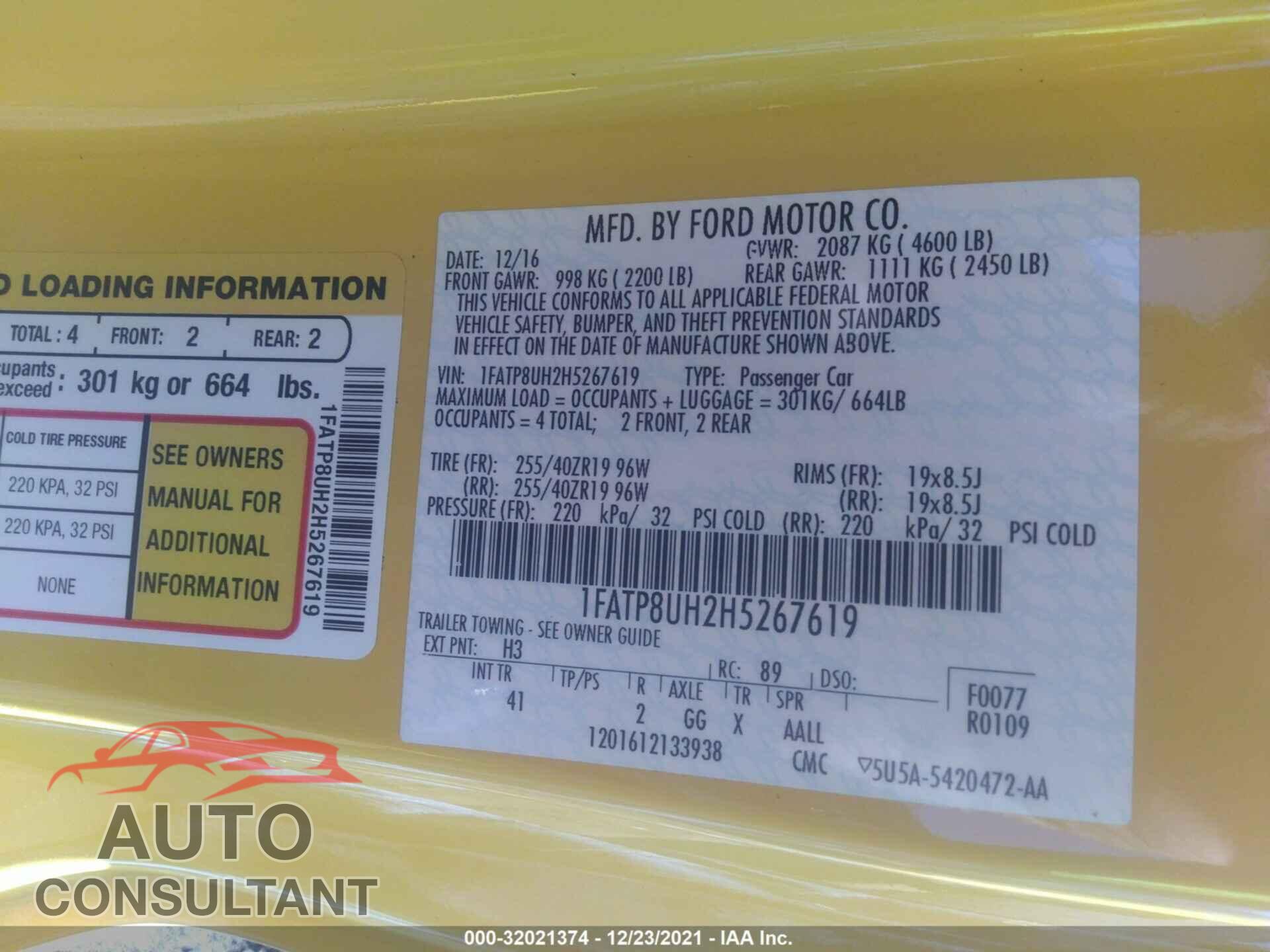 FORD MUSTANG 2017 - 1FATP8UH2H5267619