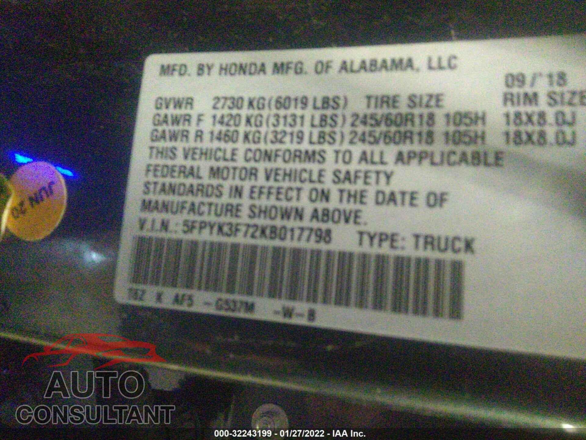 HONDA RIDGELINE 2019 - 5FPYK3F72KB017798